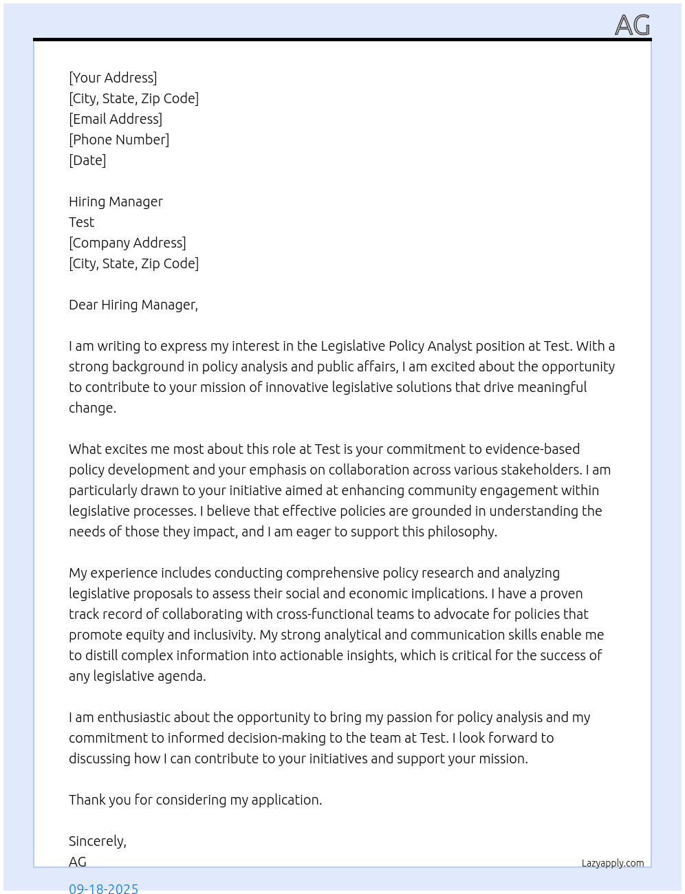 Legislative Policy Analyst At Test Cover Letter