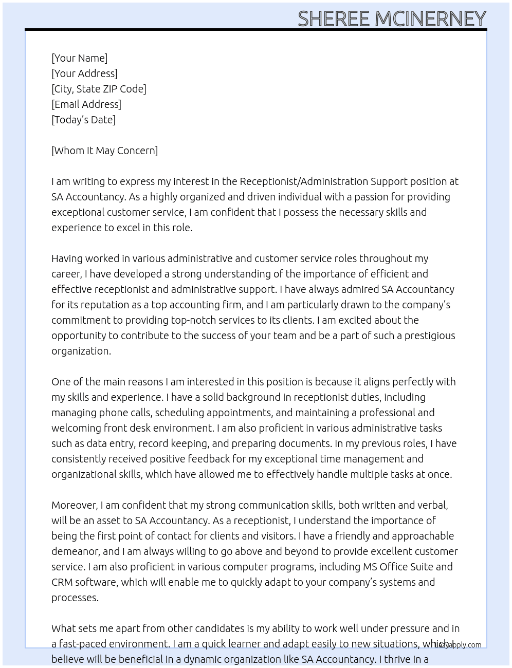 Receptionist/Administration Support At SA Accountancy Cover Letter