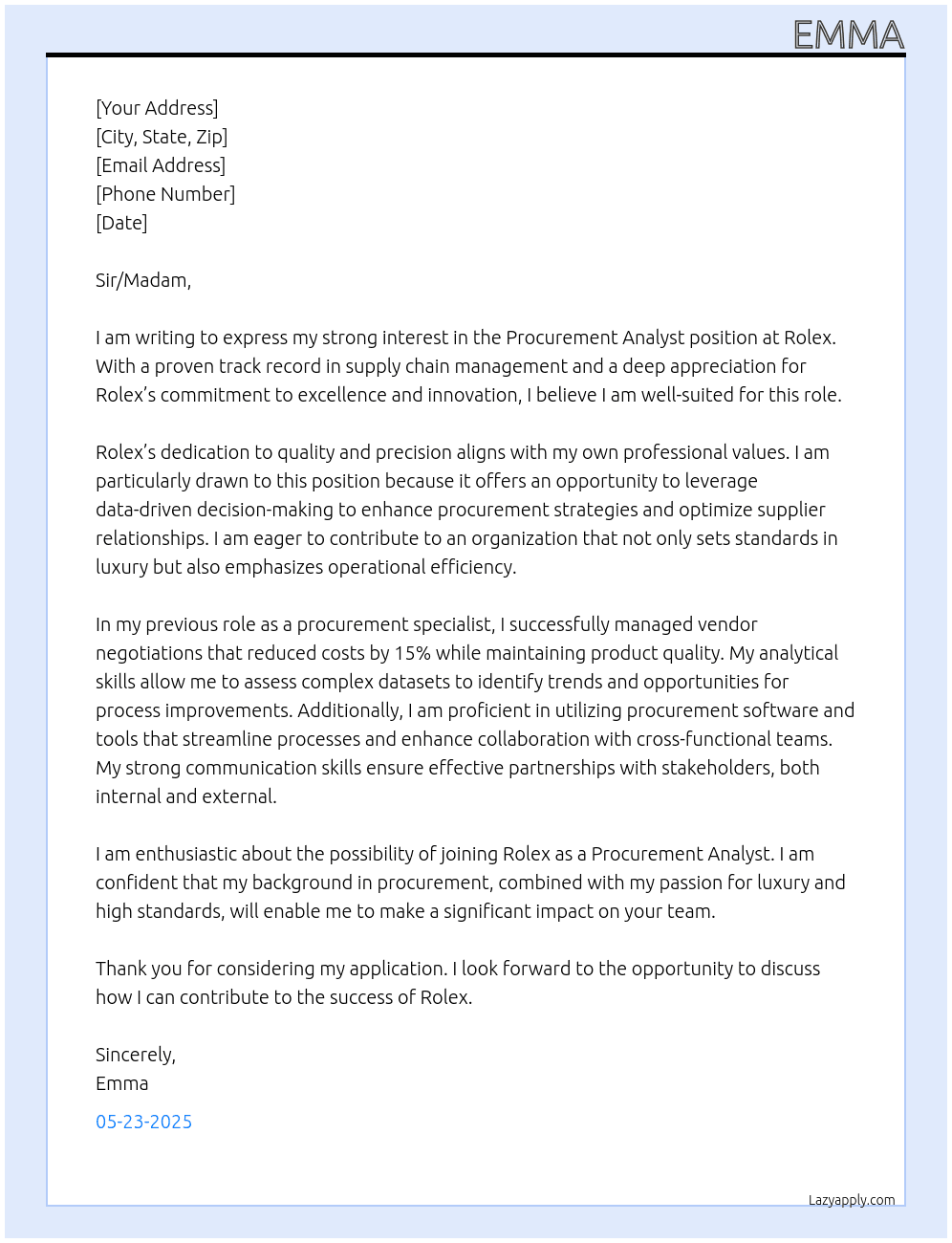 Procurement Analyst At Rolex Cover Letter