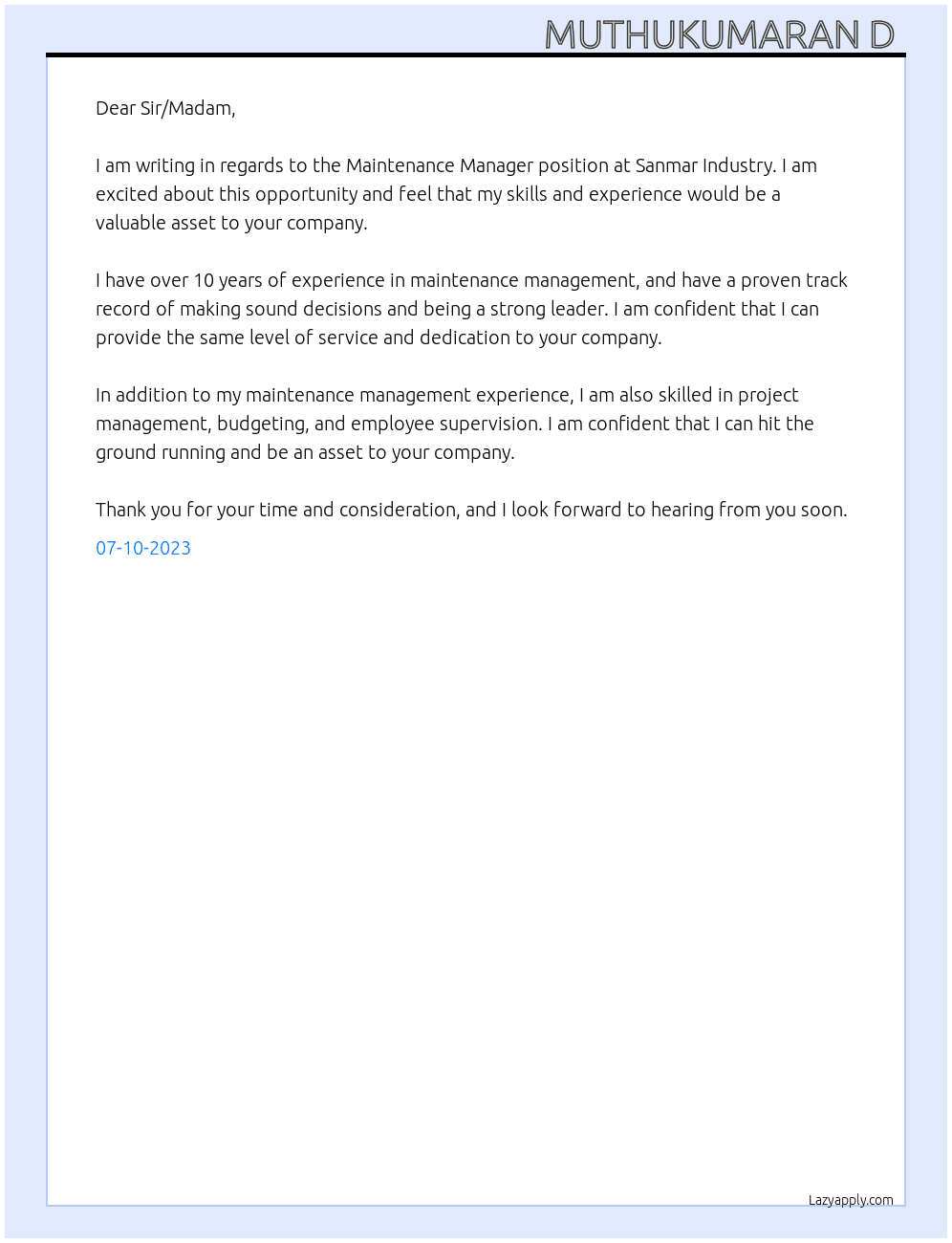 Maintenance manager  At Sanmar Industry  Cover Letter