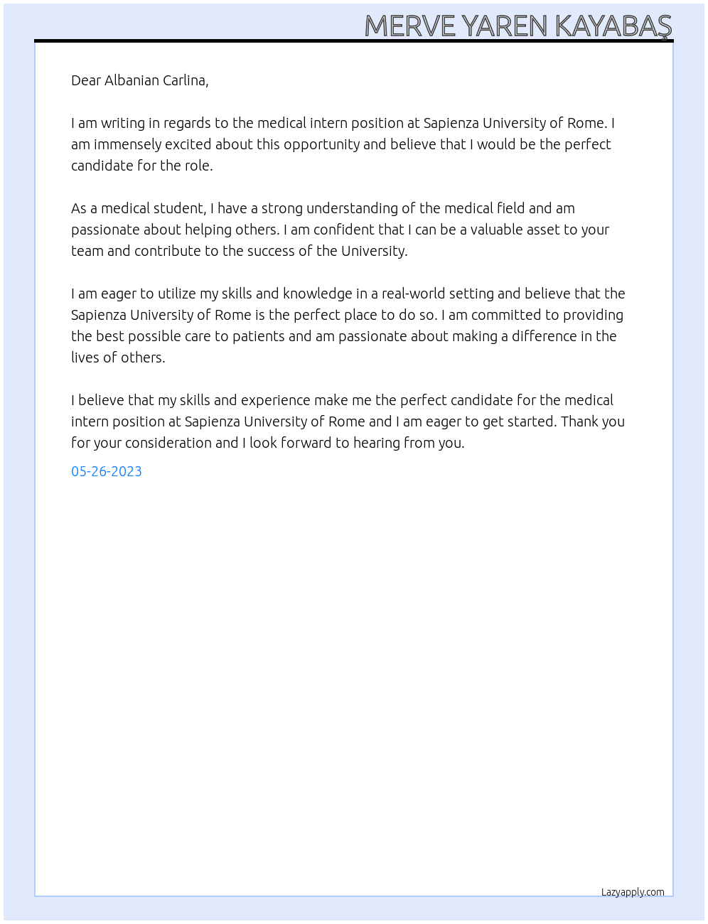 Medical intern At Sapienza University of Rome Cover Letter