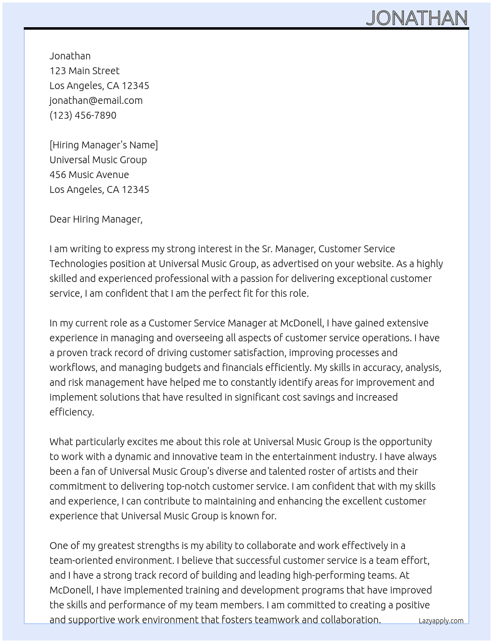 Sr. Manager, Customer Service Technologies, Universal Music Group At McDonell Cover Letter