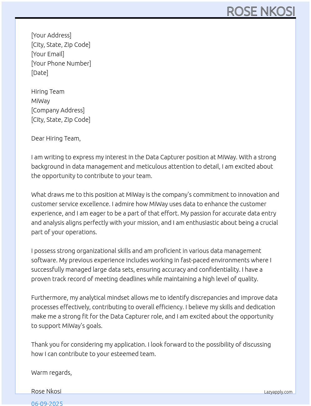 Data Capturer At miway Cover Letter