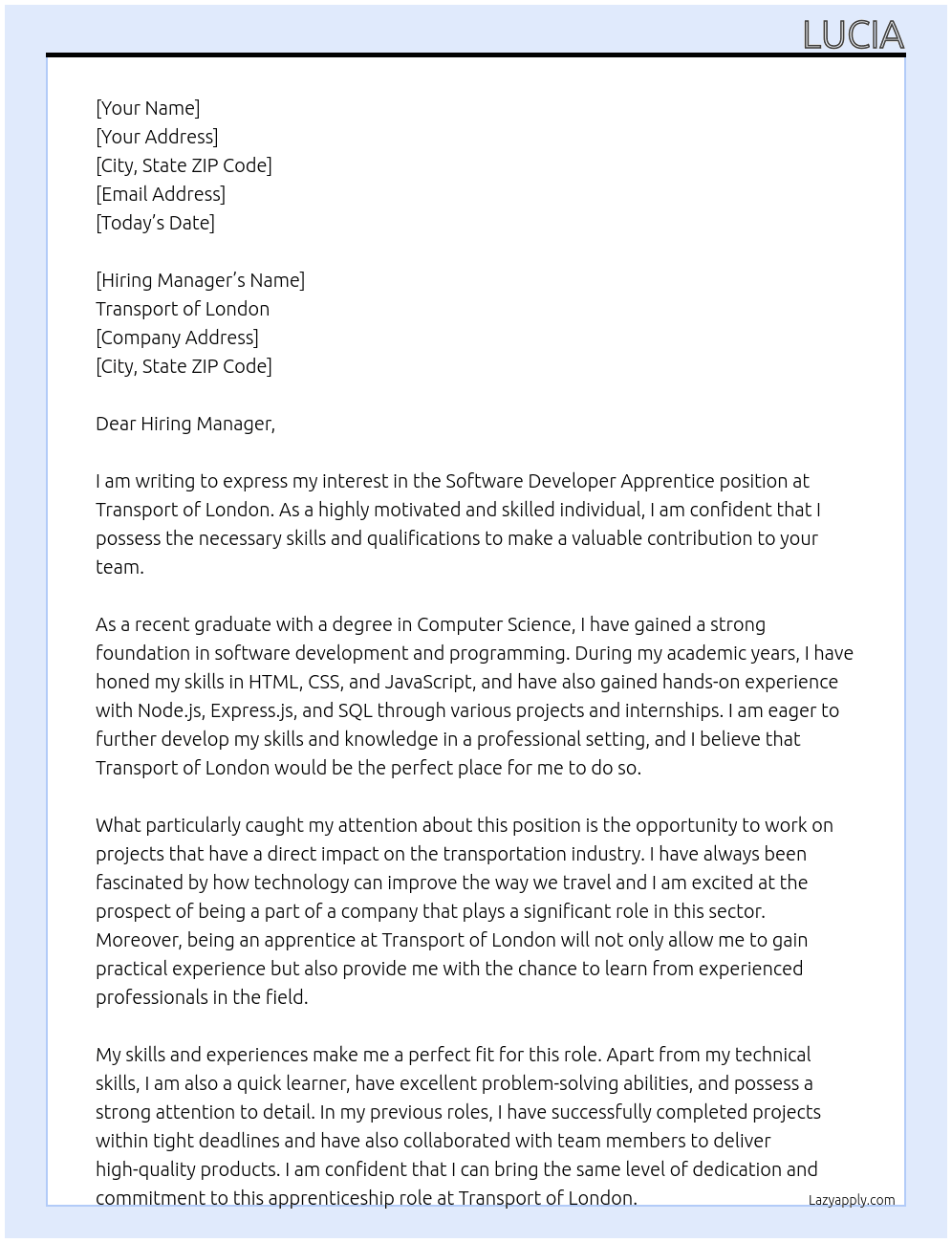 Software Developer Apprentice At Transport of London Cover Letter
