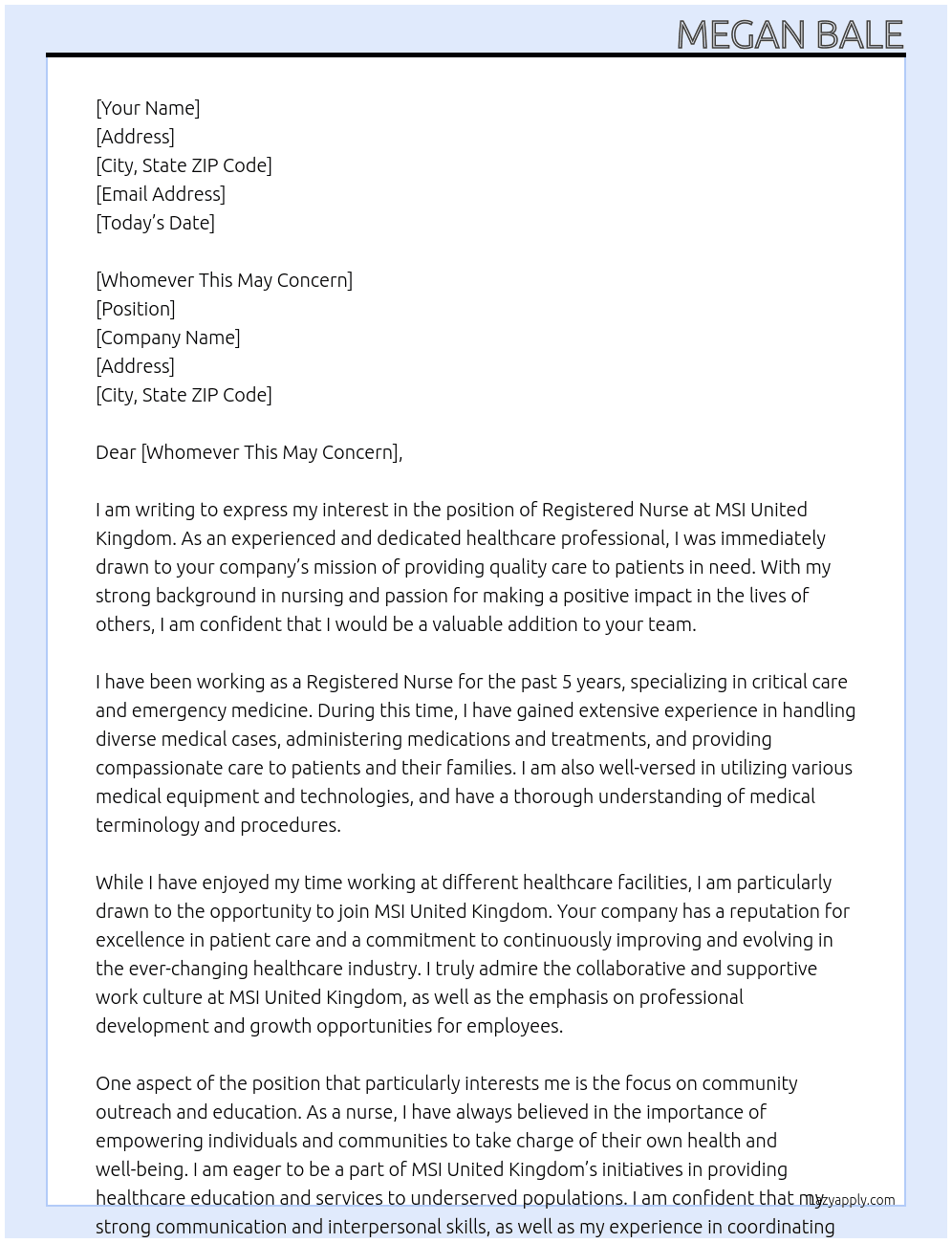 Registered Nurse At MSI United Kingdom Cover Letter