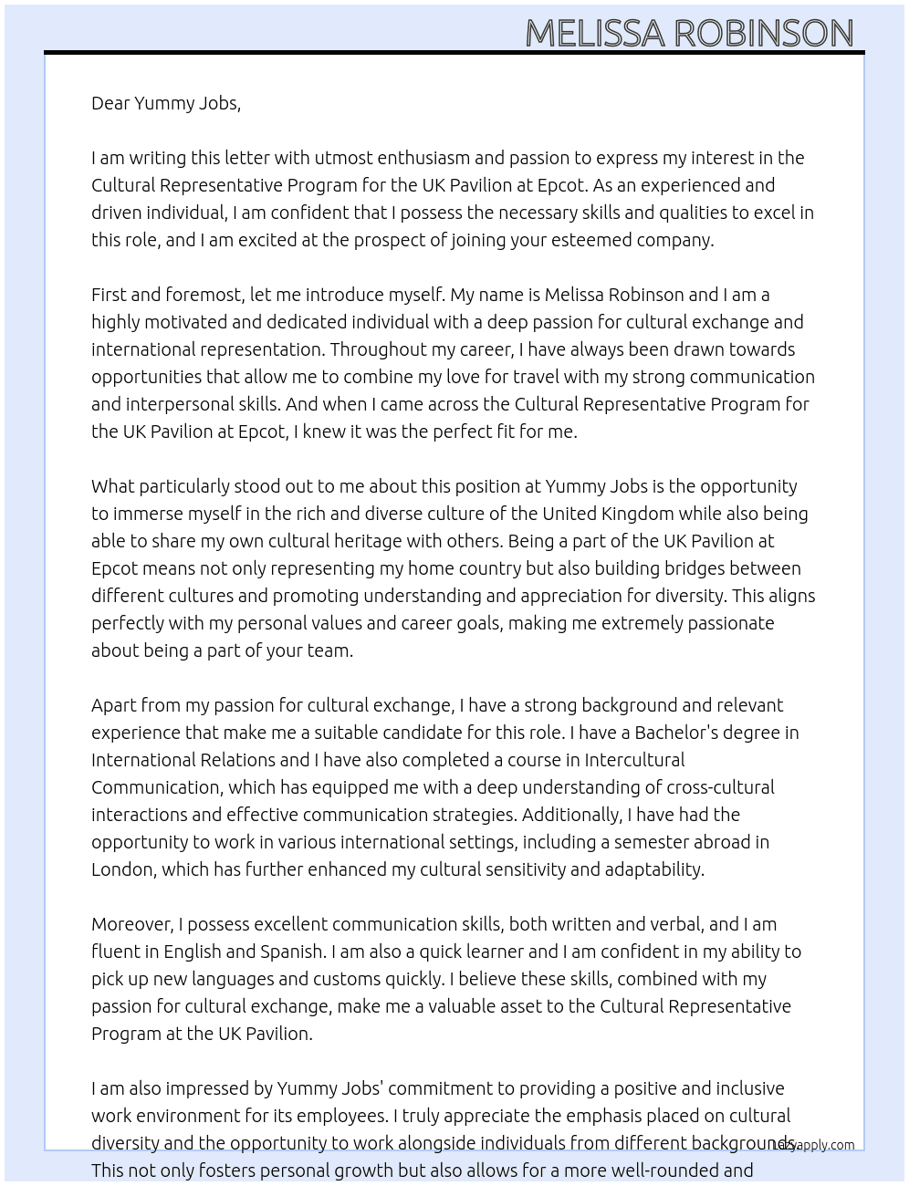 Cultural Representative Program for the Uk Pavilion in Epcot At Yummy Jobs Cover Letter
