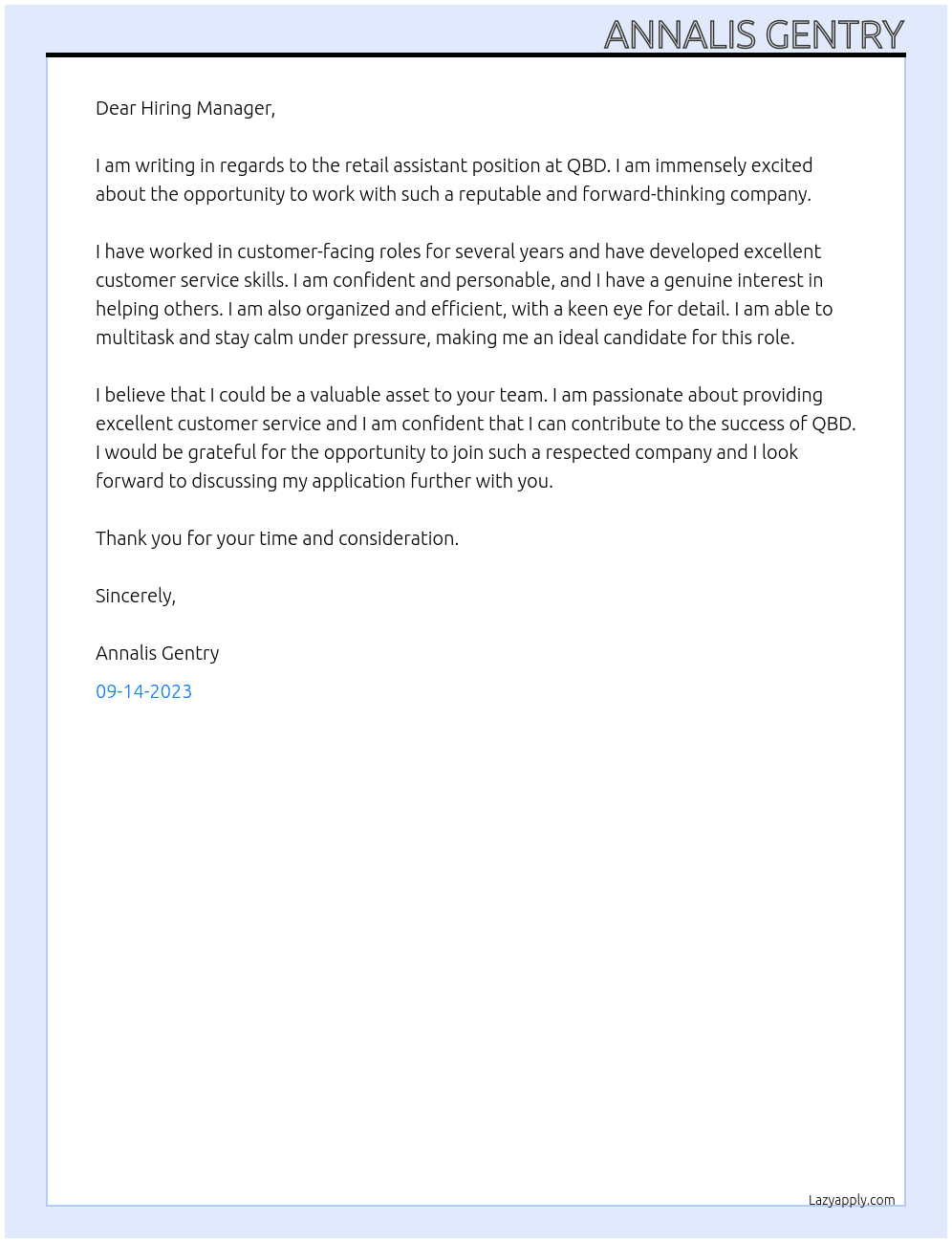 Retail assistant At QBD Cover Letter