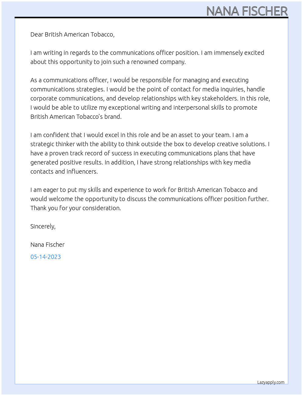 Communications Officer At British American Tobacco  Cover Letter