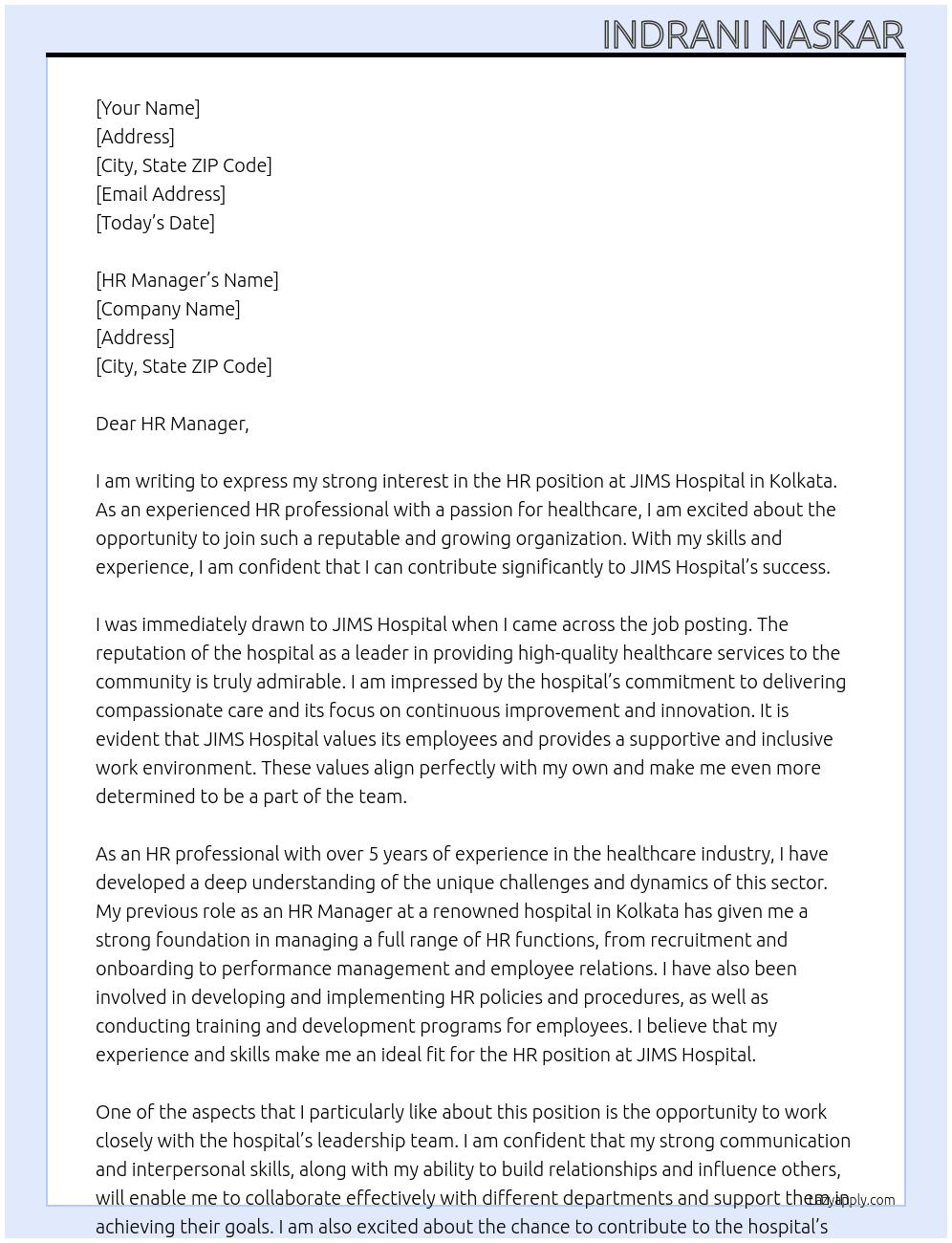 HR At JIMS Hospital  Cover Letter
