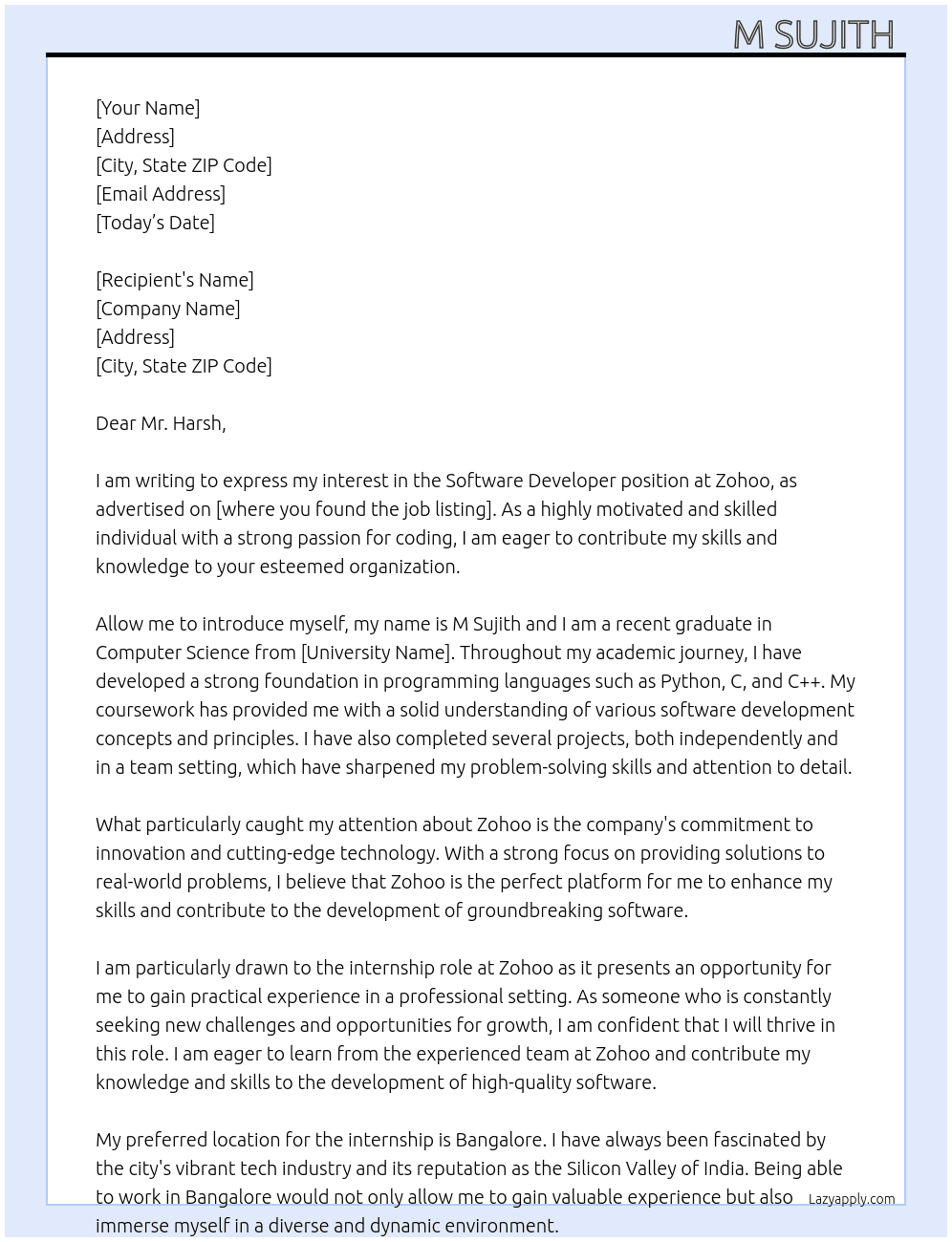 Software developer  At Zohoo Cover Letter