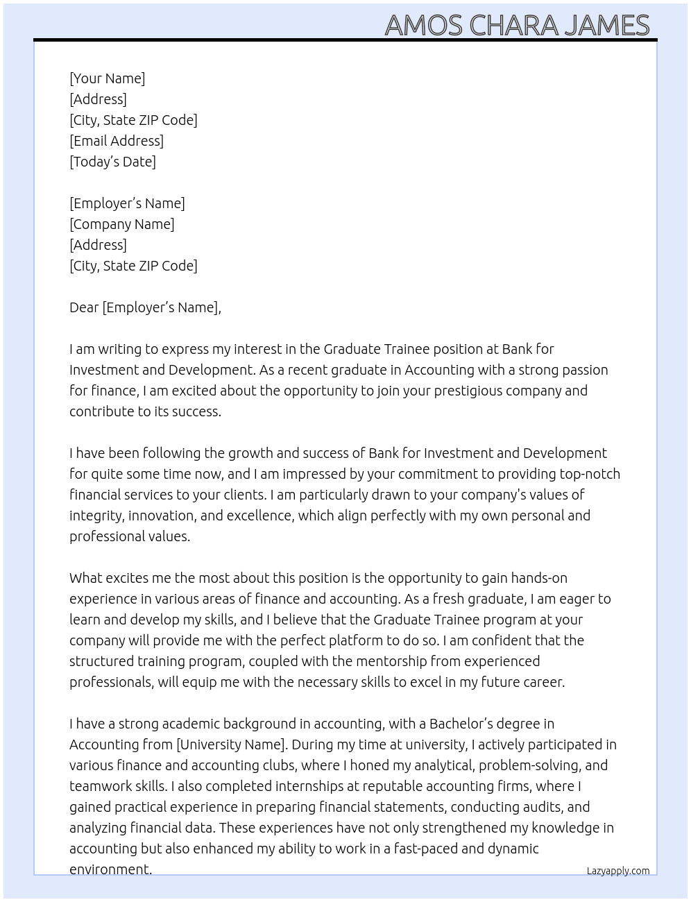 graduate trainee  At bank for investment and development  Cover Letter