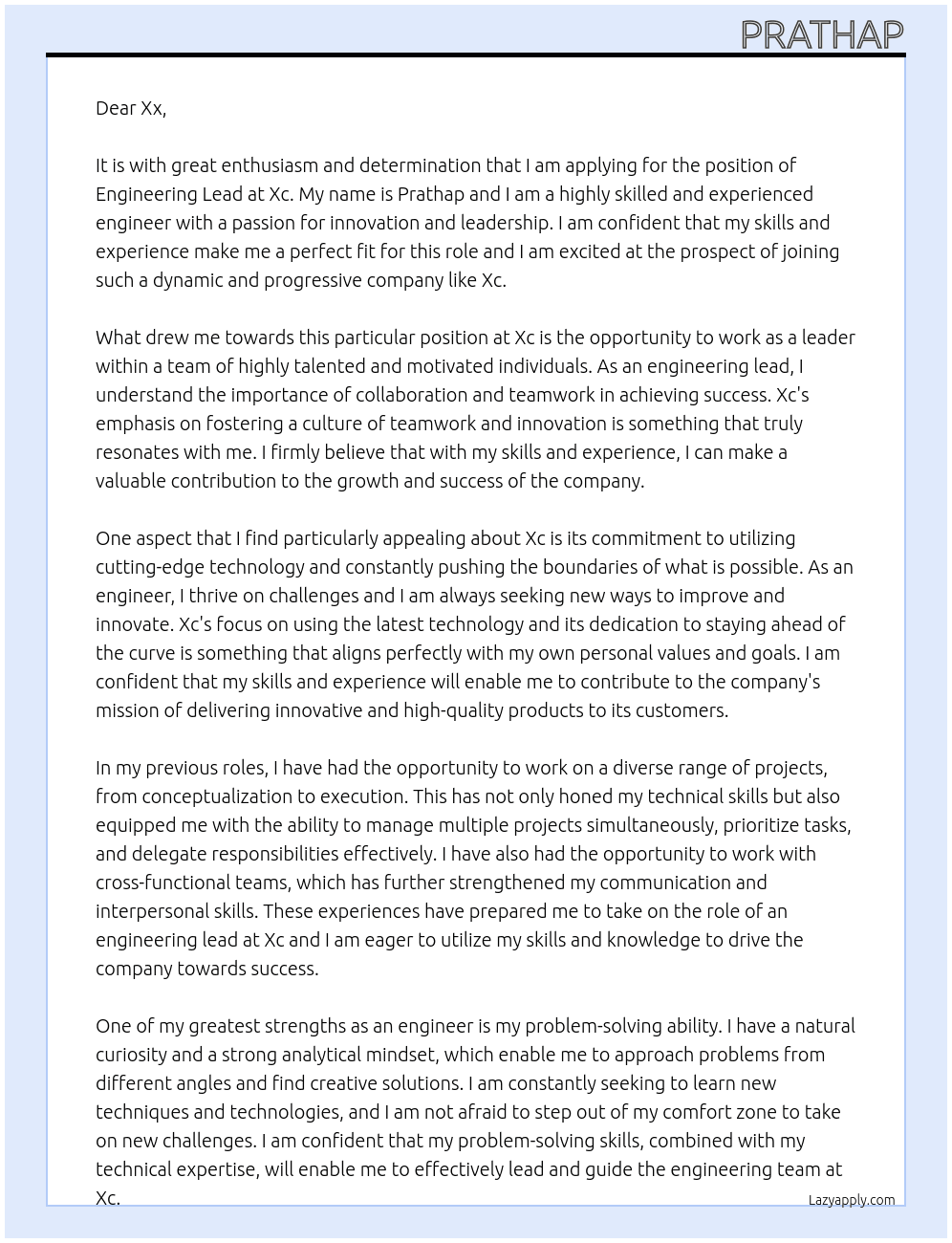 Engineering lead At Xc Cover Letter