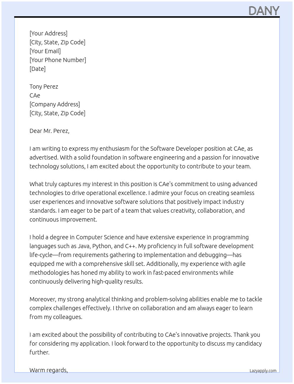 software developer At cae Cover Letter