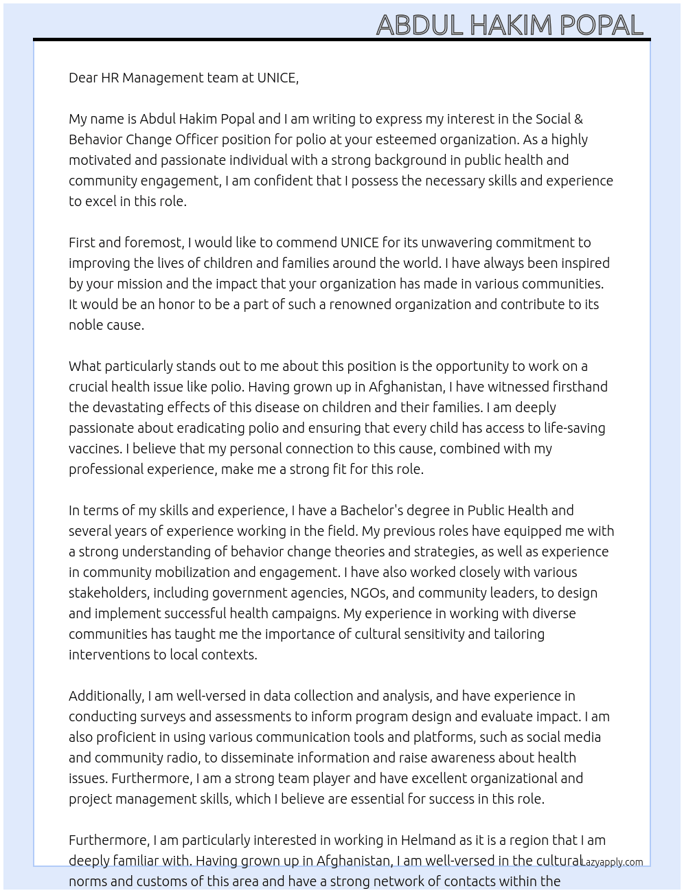 Social & Behavior Change Officer(polio) At UNICE  Cover Letter