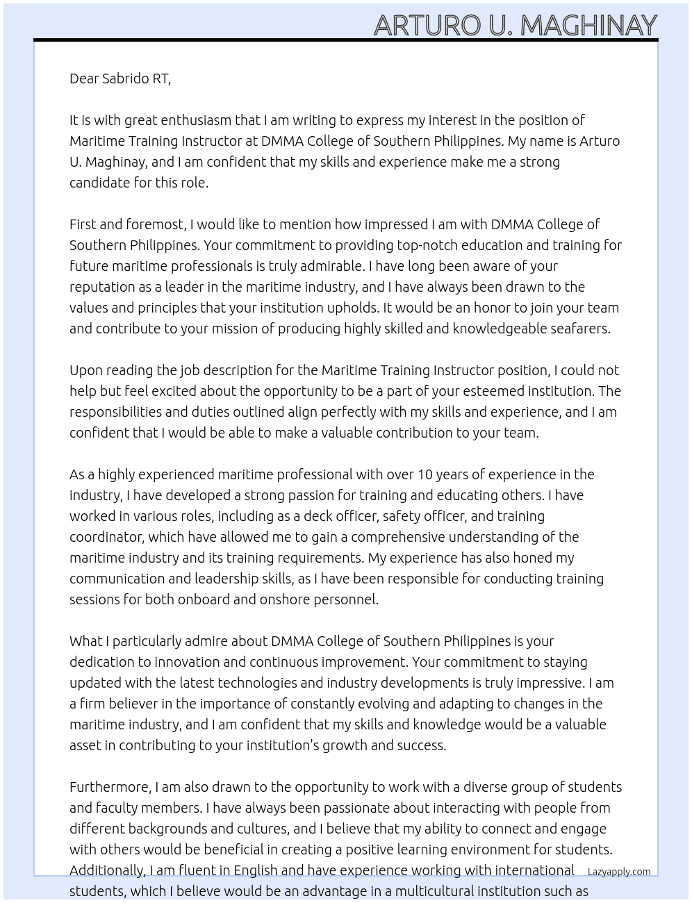 Maritime Training Instructor At DMMA College of Southern Philippines Cover Letter