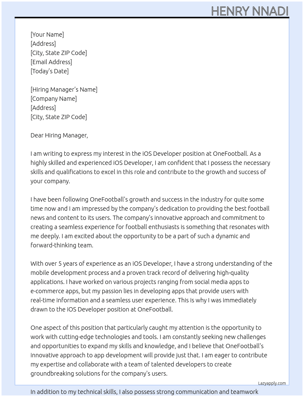 iOS Developer At OneFootball Cover Letter