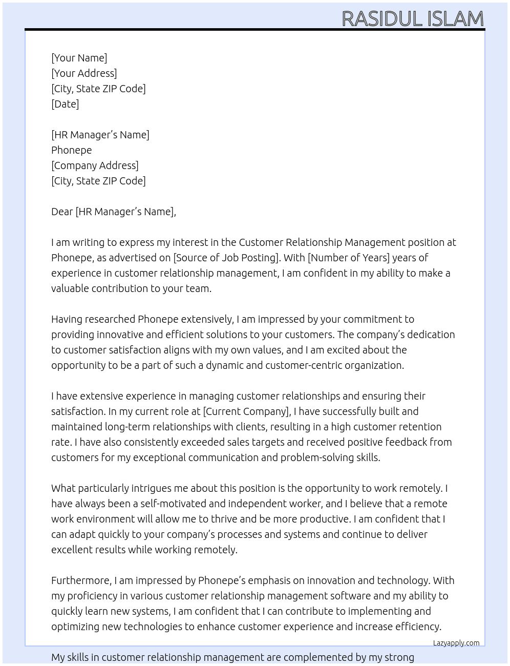 Customer relationship management  At Phonepe Cover Letter