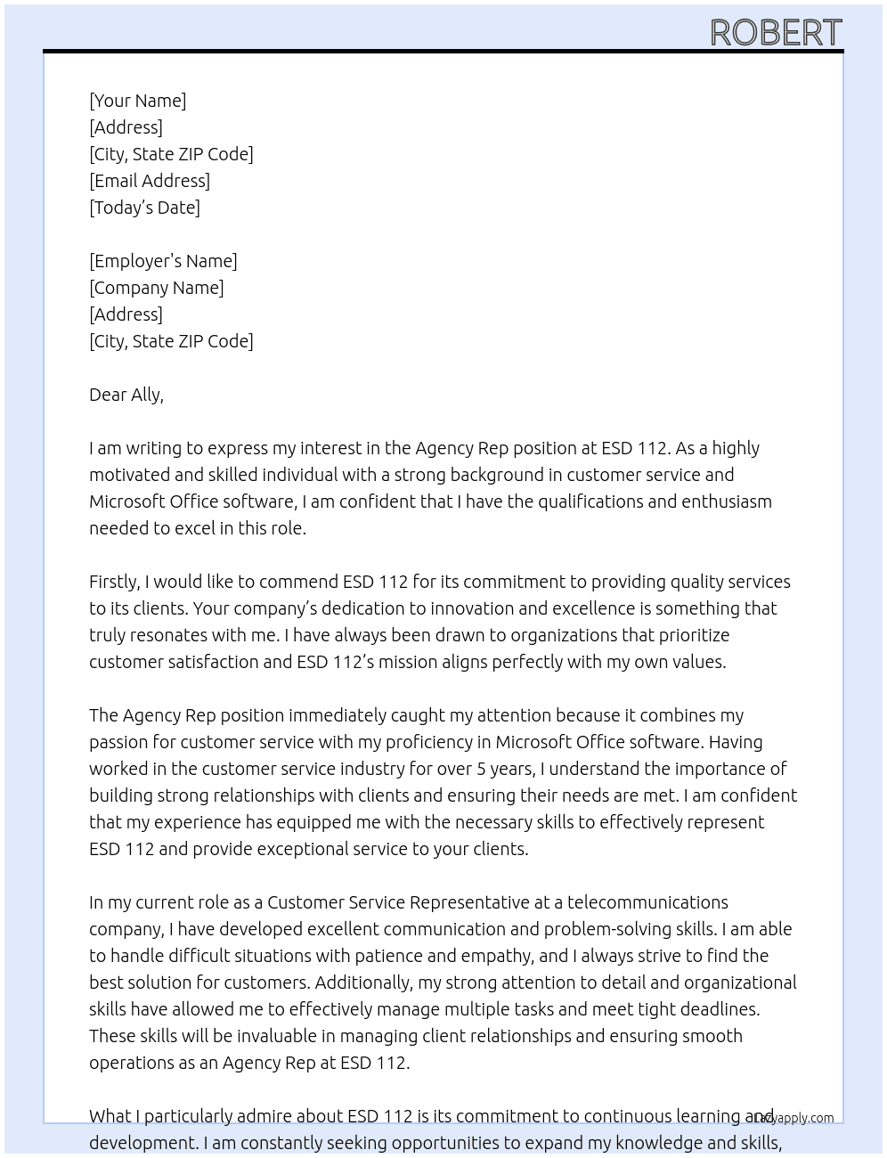 Agency Rep At ESD 112 Cover Letter