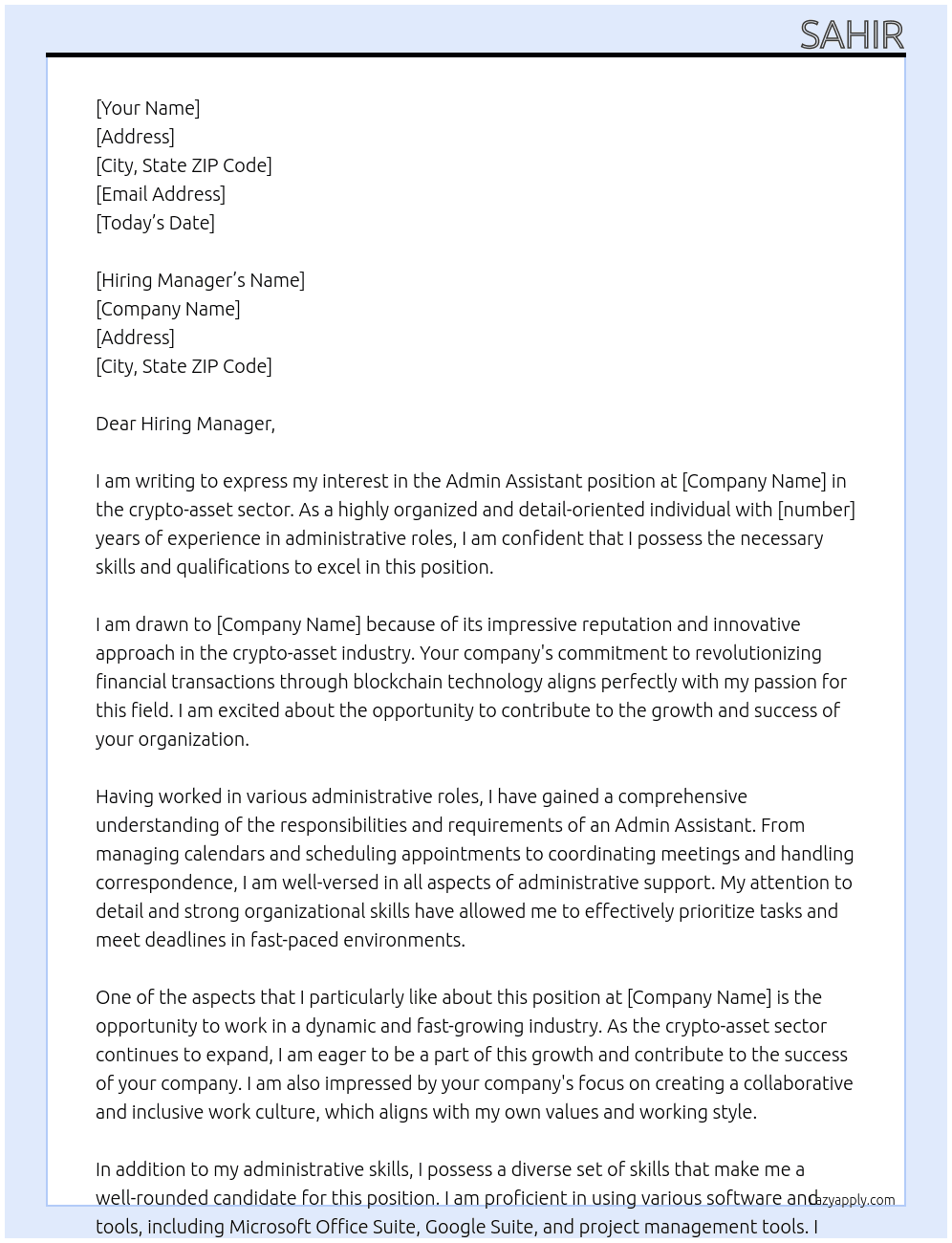 Admin Assistant At crypto-asset sector Cover Letter