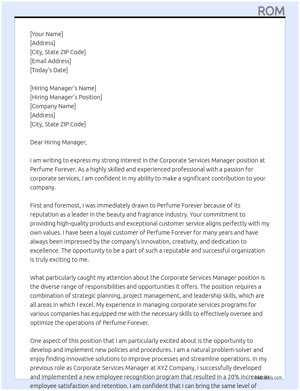 Corporate Services Manager At Perfume Forever Cover Letter