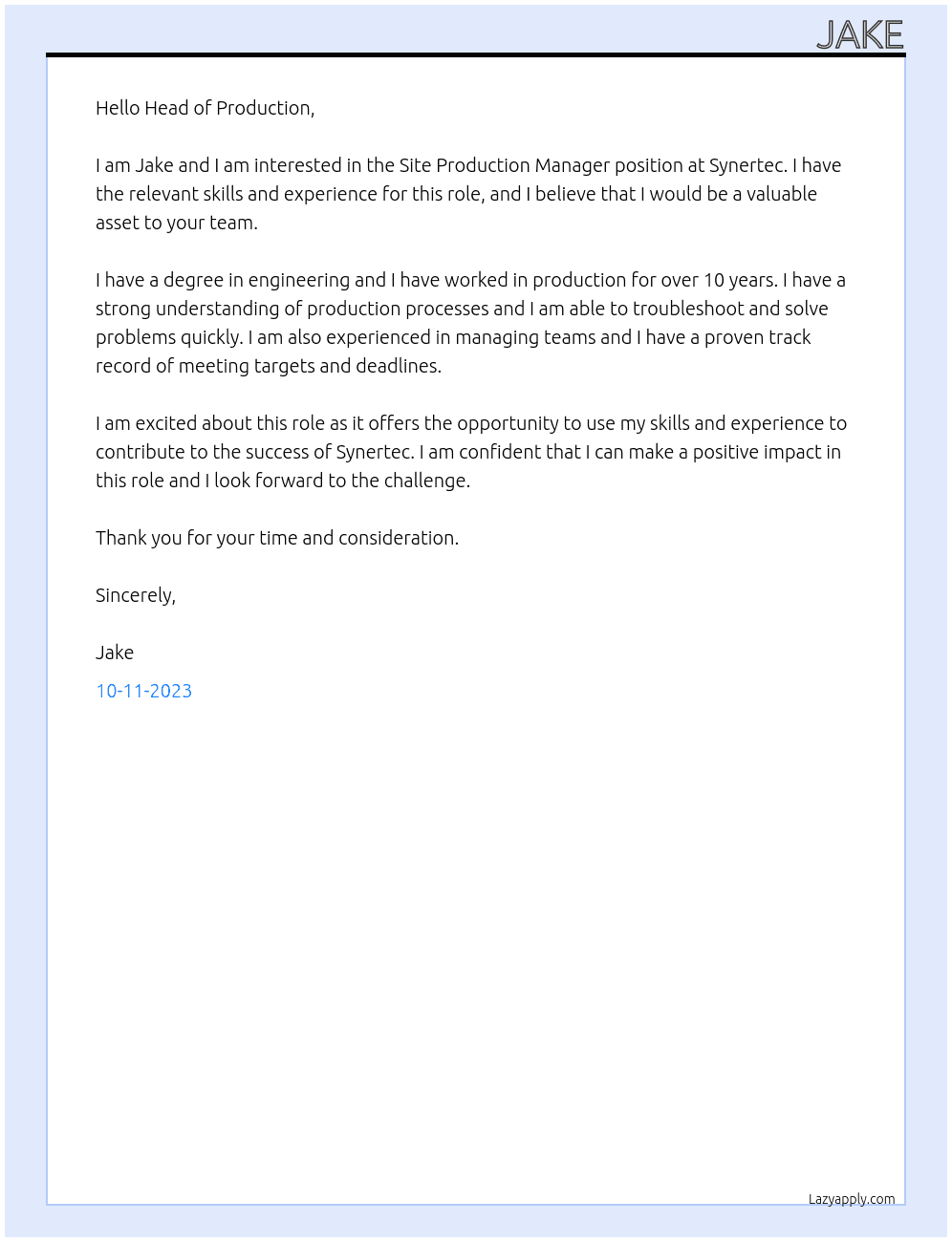Site Production Manager  At Synertec Cover Letter