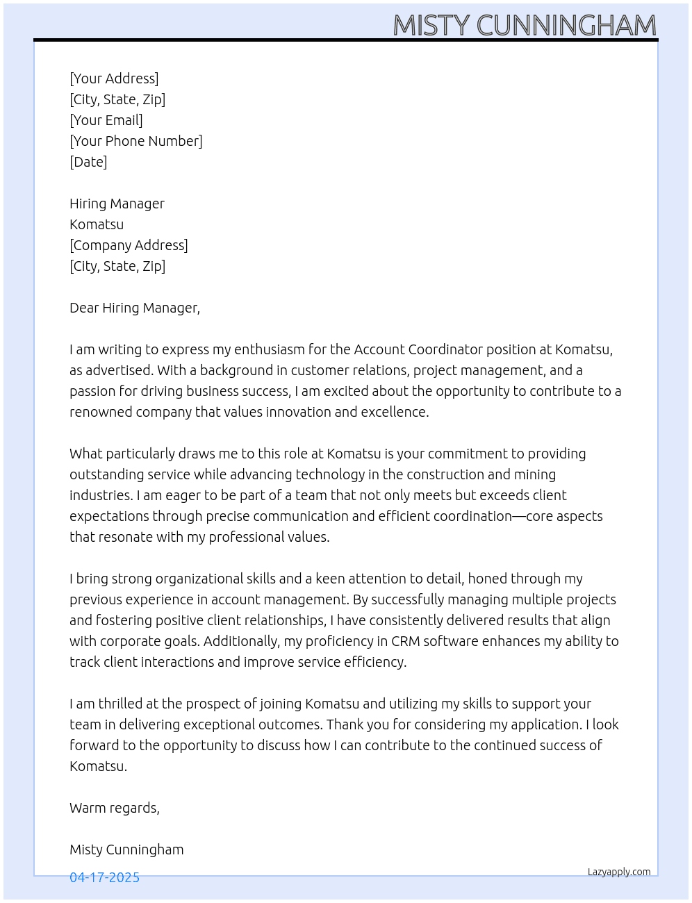 Account Coordinator At Komatsu Cover Letter