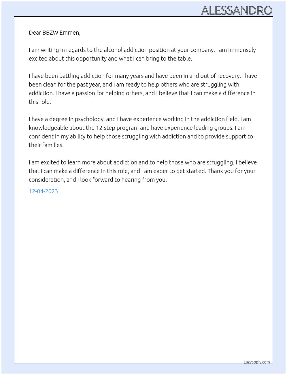  alcohol addiction At BBZW Emmen Cover Letter
