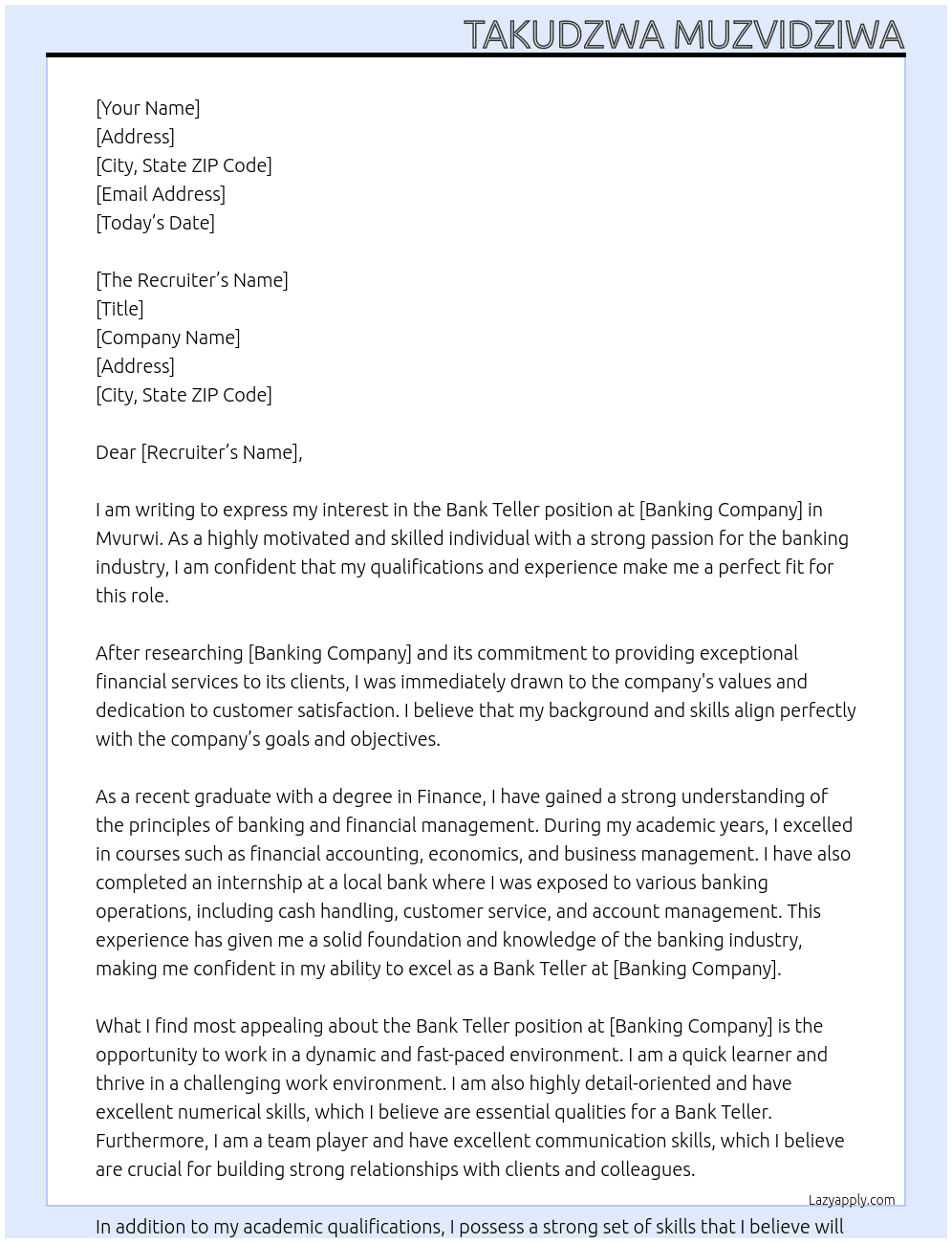 Bank Teller - Mvurwi At Banking company  Cover Letter