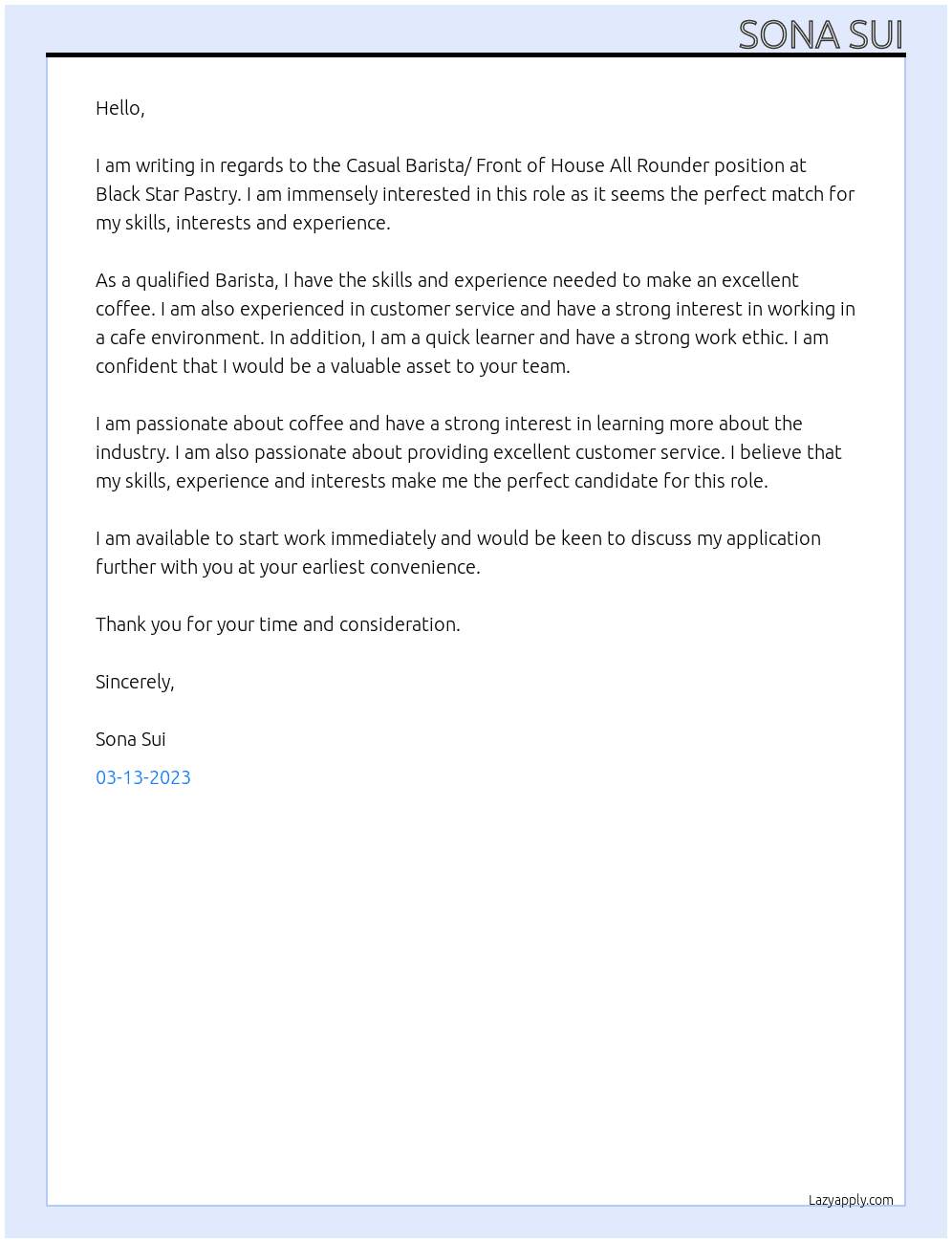 Casual Barista/ Front of House All Rounder At Black Star Pastry Cover Letter