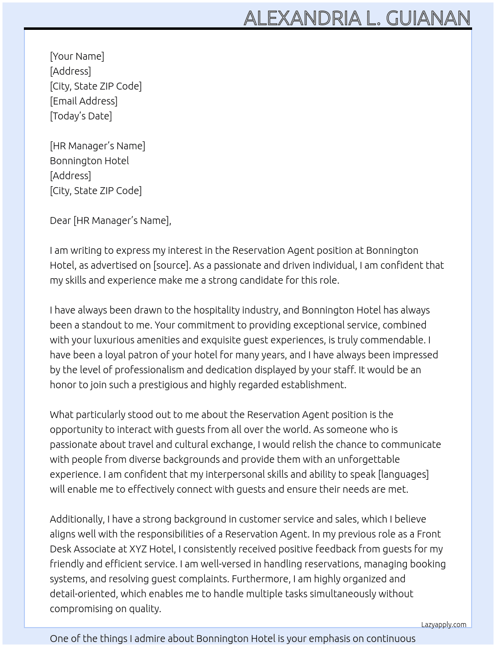 Reservation agent At Bonnington hotel Cover Letter