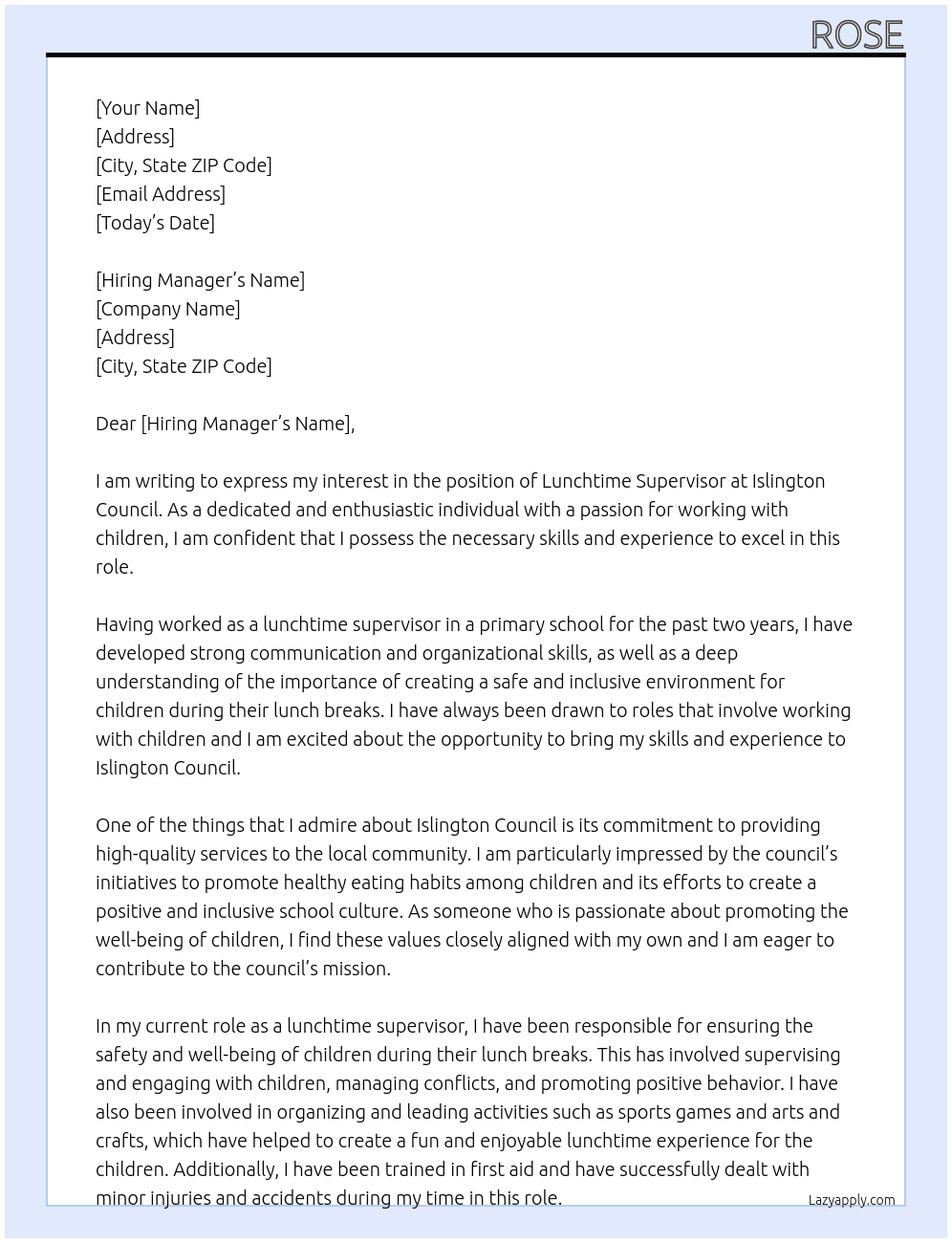 Cover letter for lunchtime supervisor - LazyApply