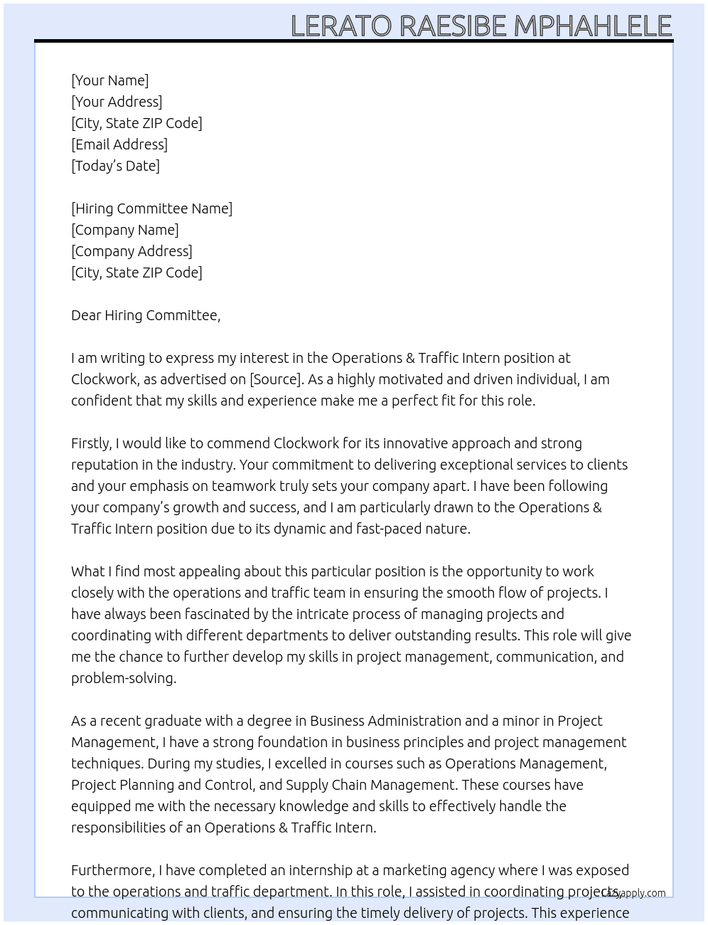 Operations & Traffic Intern At Clockwork Cover Letter