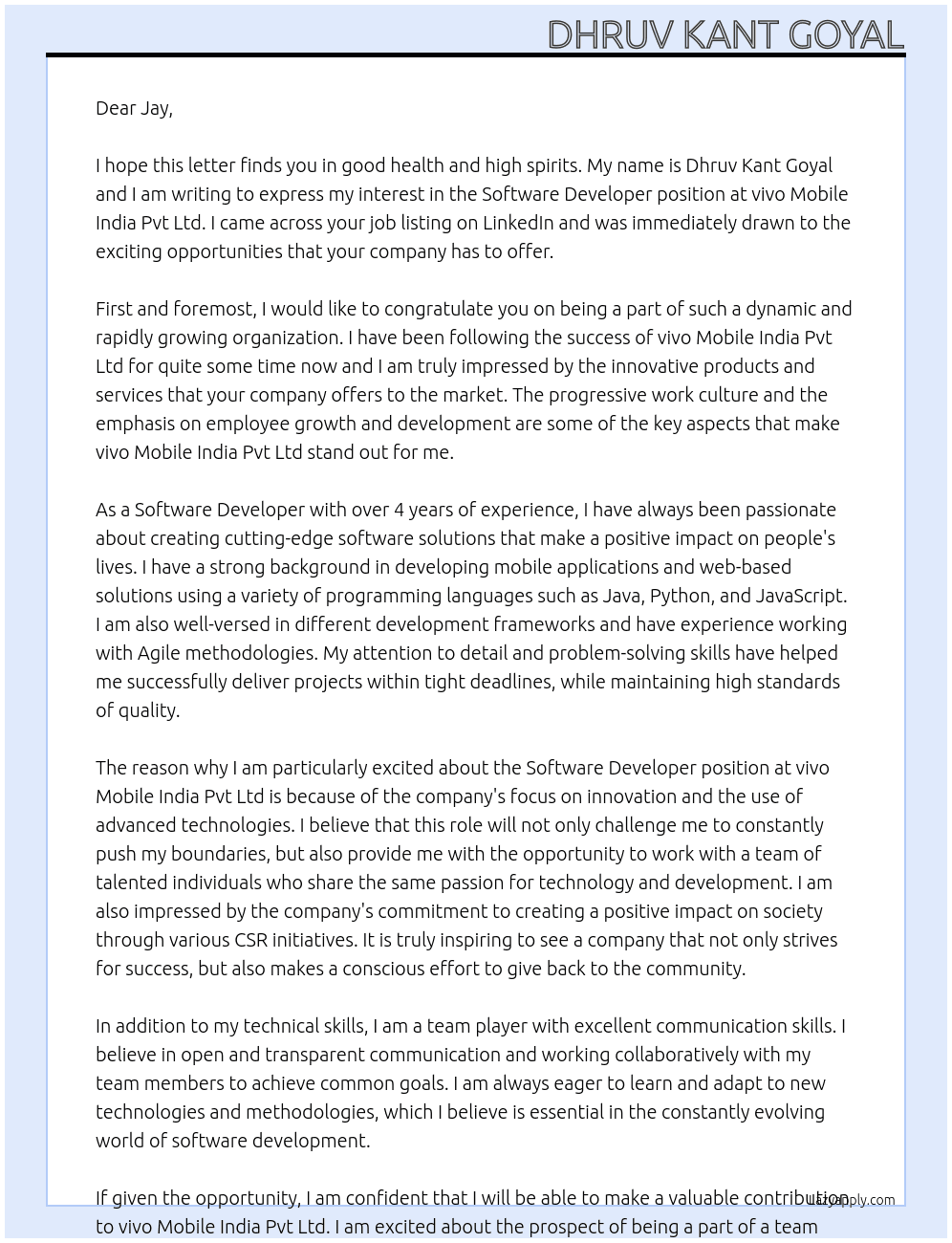 Software Developer At  vivo Mobile India Pvt Ltd  Cover Letter