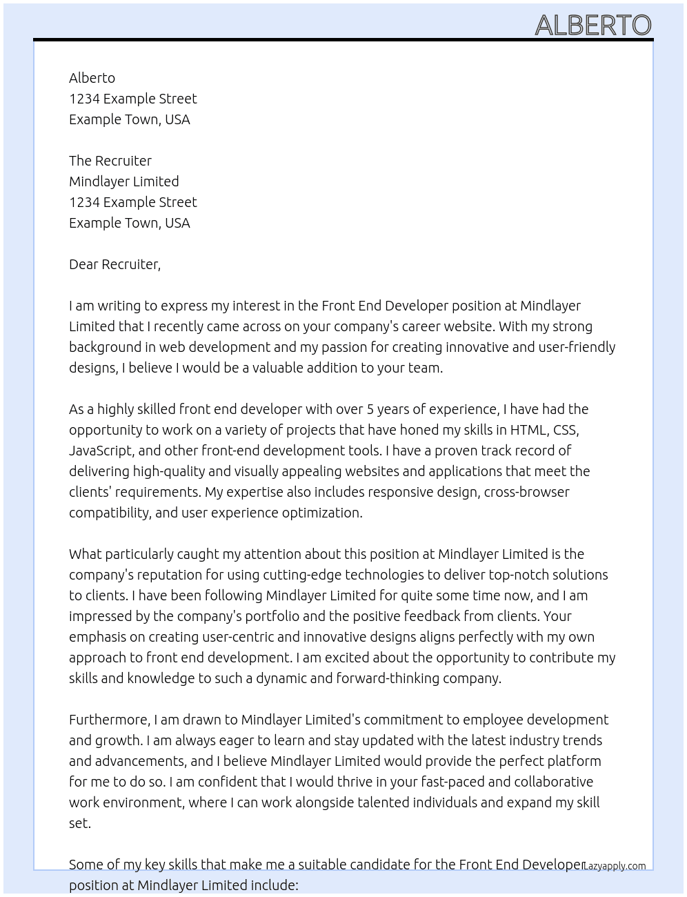 Front end Developer At Mindlayer Limited Cover Letter
