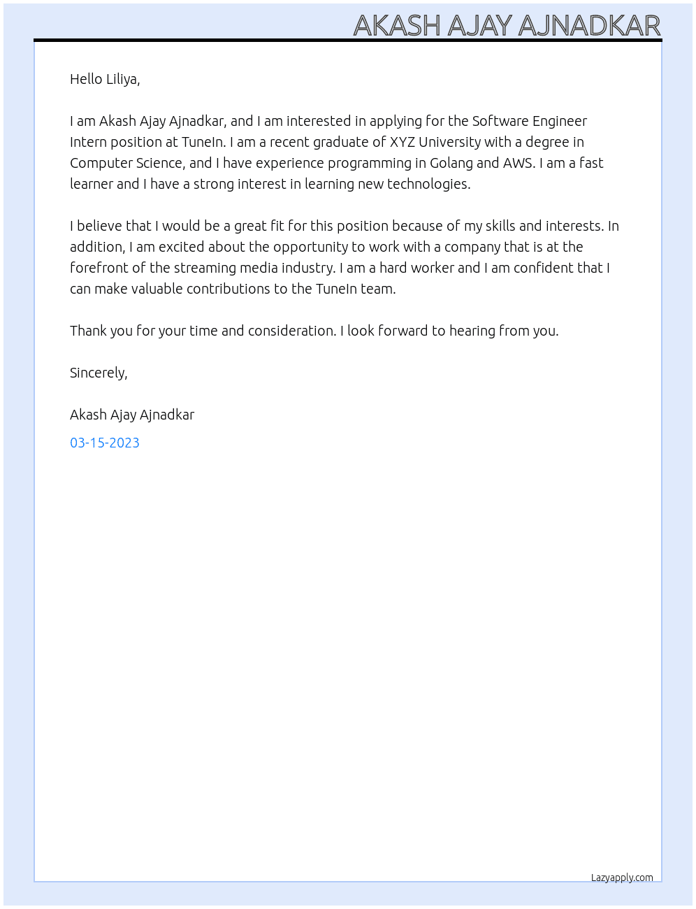 Software Engineer Intern At TuneIn Cover Letter
