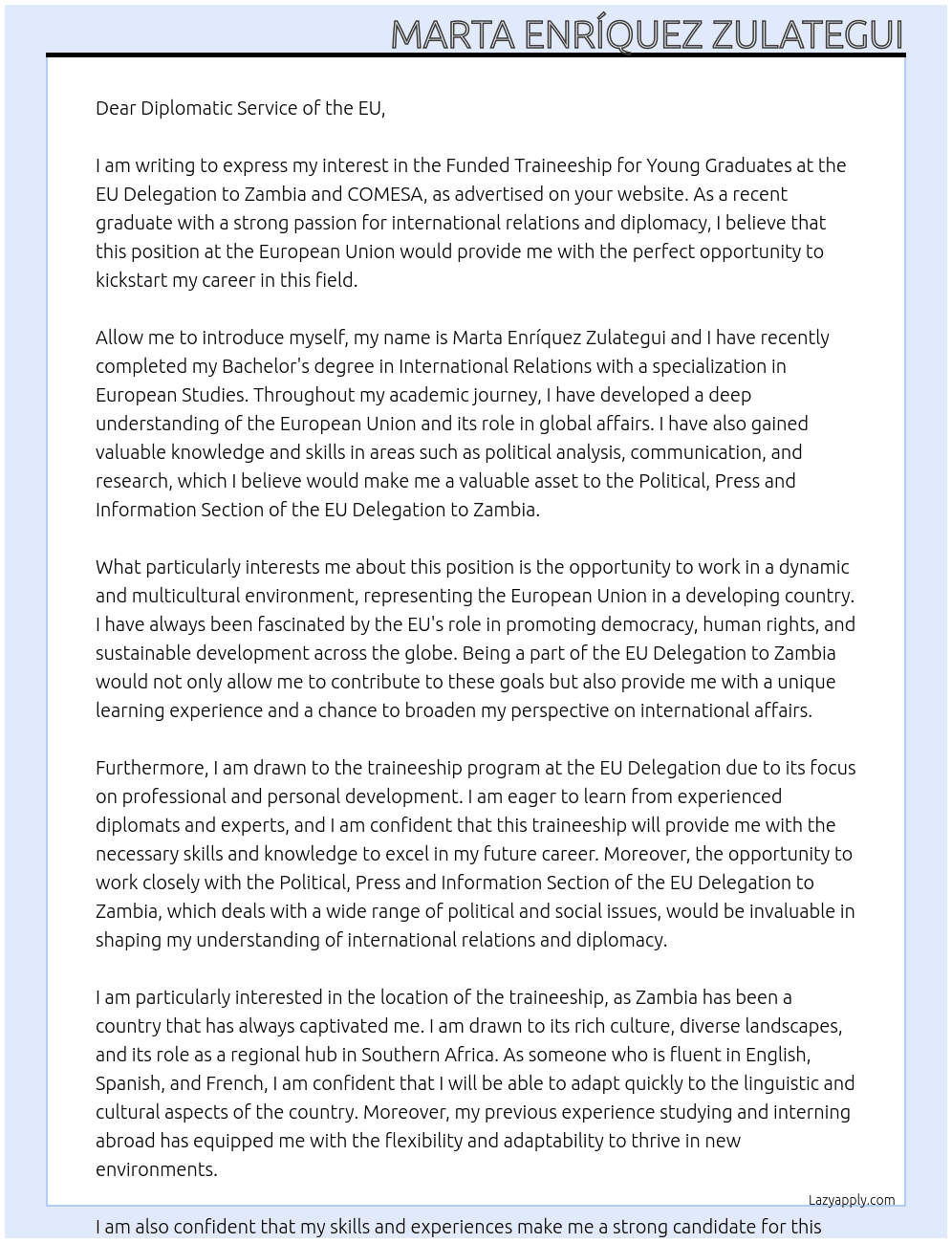 Funded traineeship for young graduates at the EU Delegation to ZAMBIA and COMESA At European Union  Cover Letter