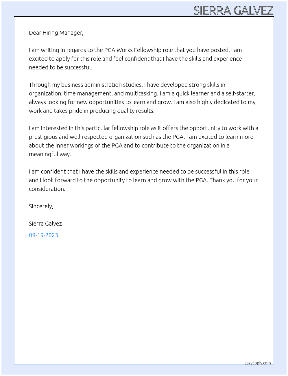 PGA Works Fellowship At PGA Cover Letter