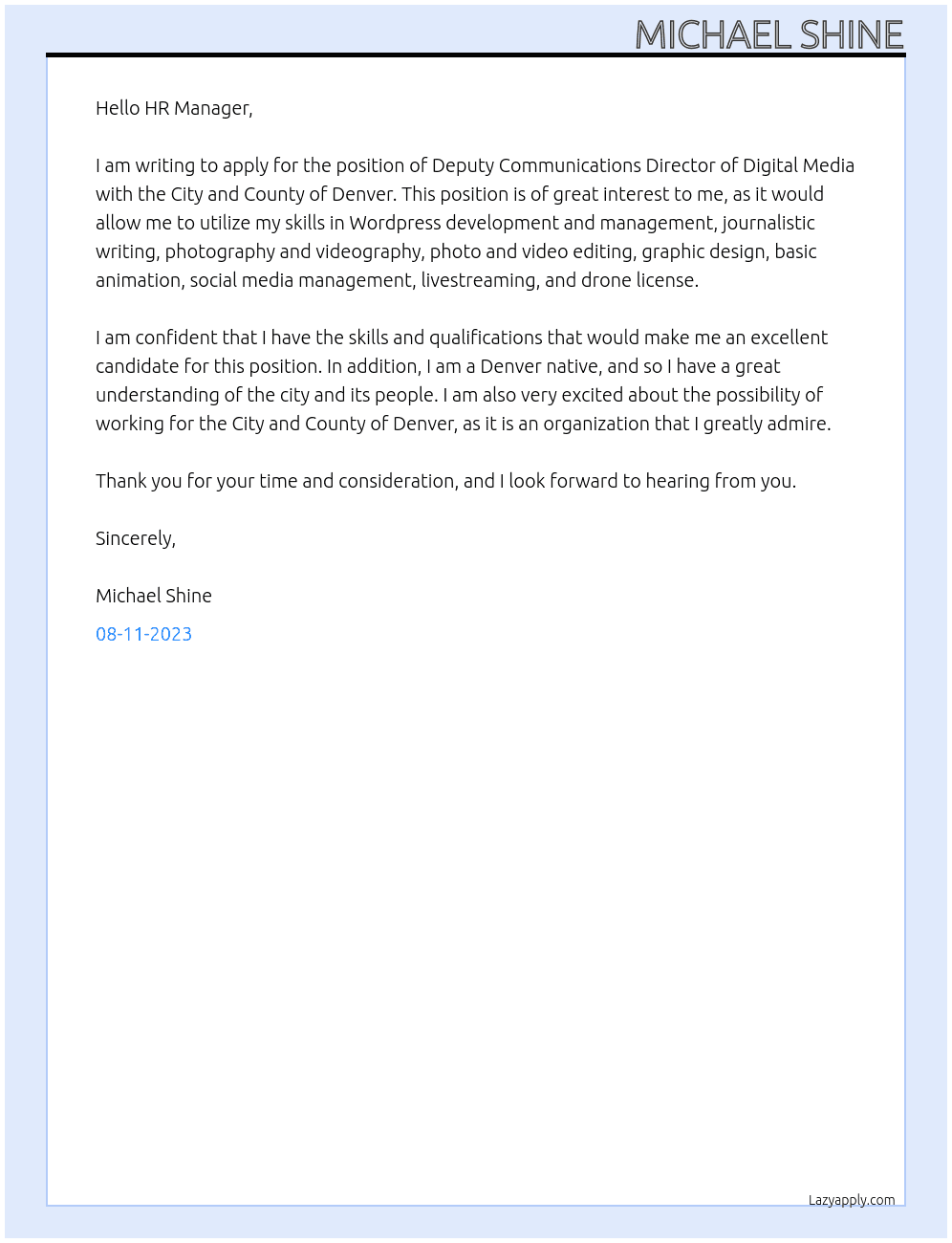 Deputy Communications Director of Digital Media At City and County of Denver Cover Letter