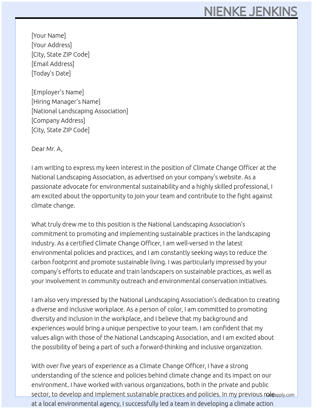 climate change officer At National Landscaping Association Cover Letter