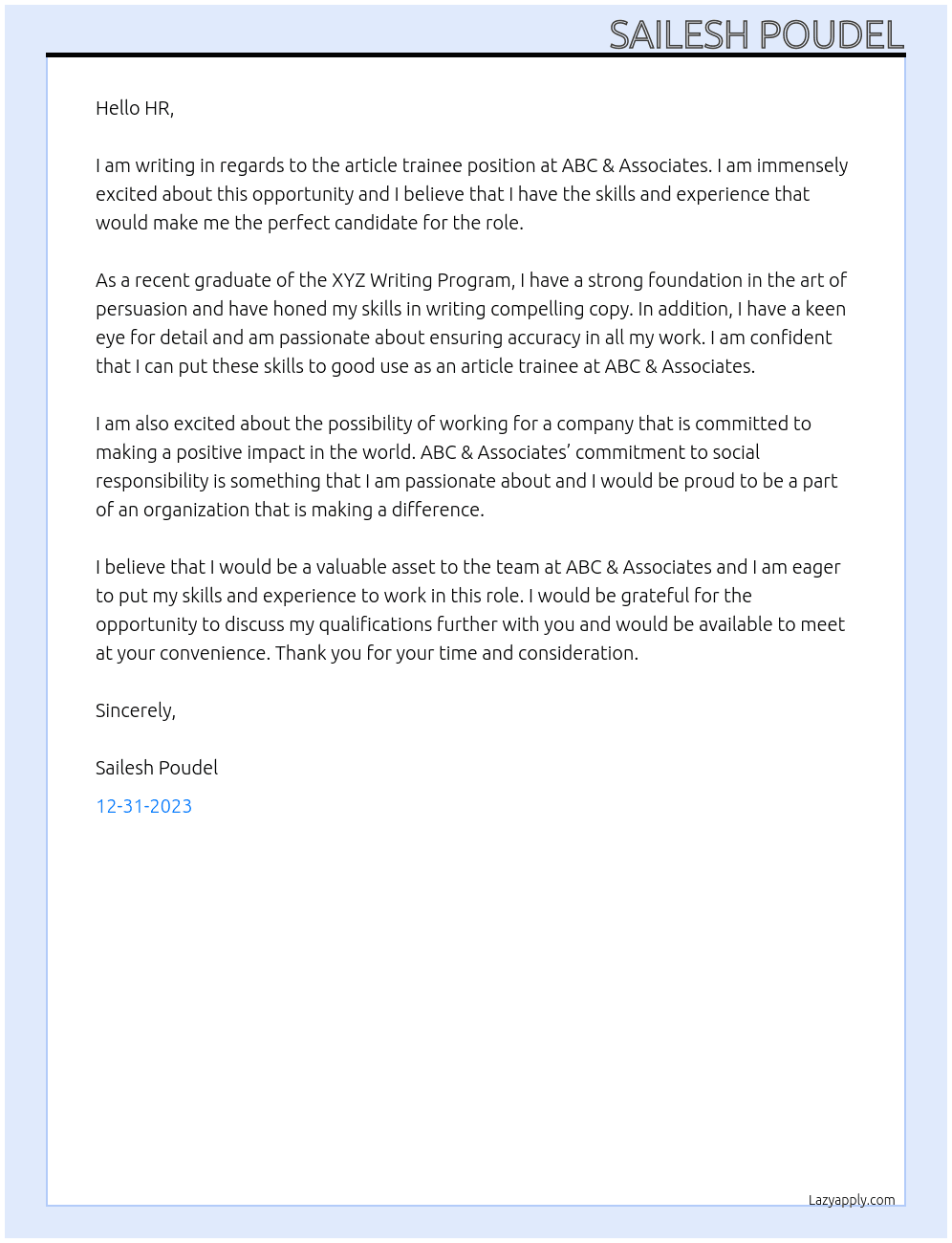 article trainee At ABC & ASSOCIATES Cover Letter