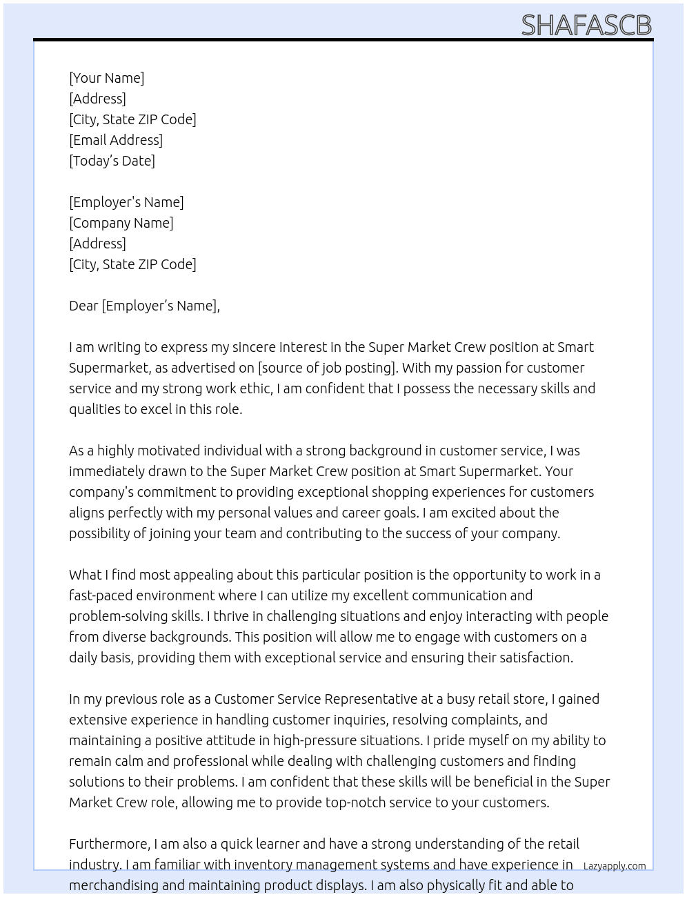 Super Market crew At Smart Supermarket  Cover Letter