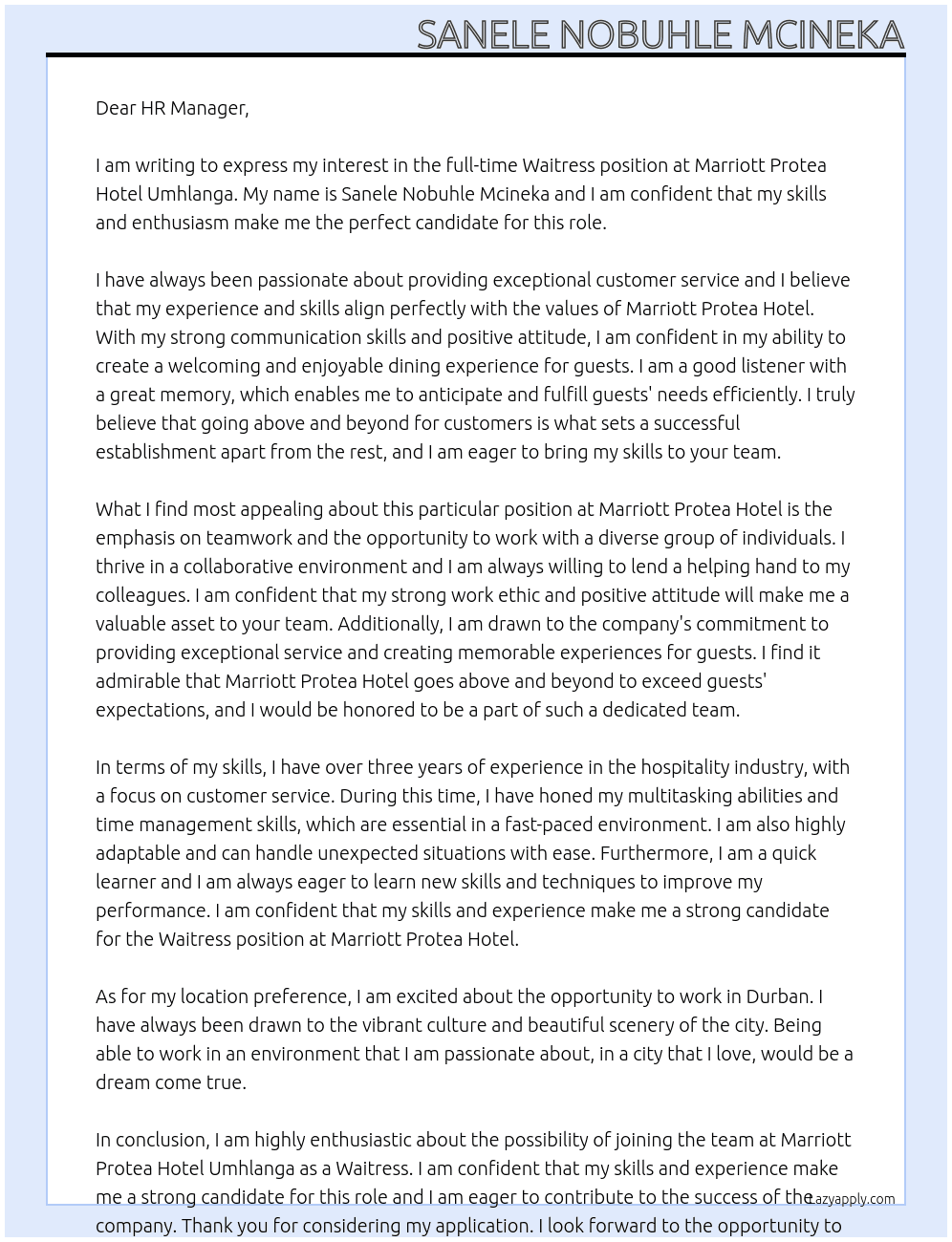 Waitress At Marriott Protea Hotel Umhlanga  Cover Letter