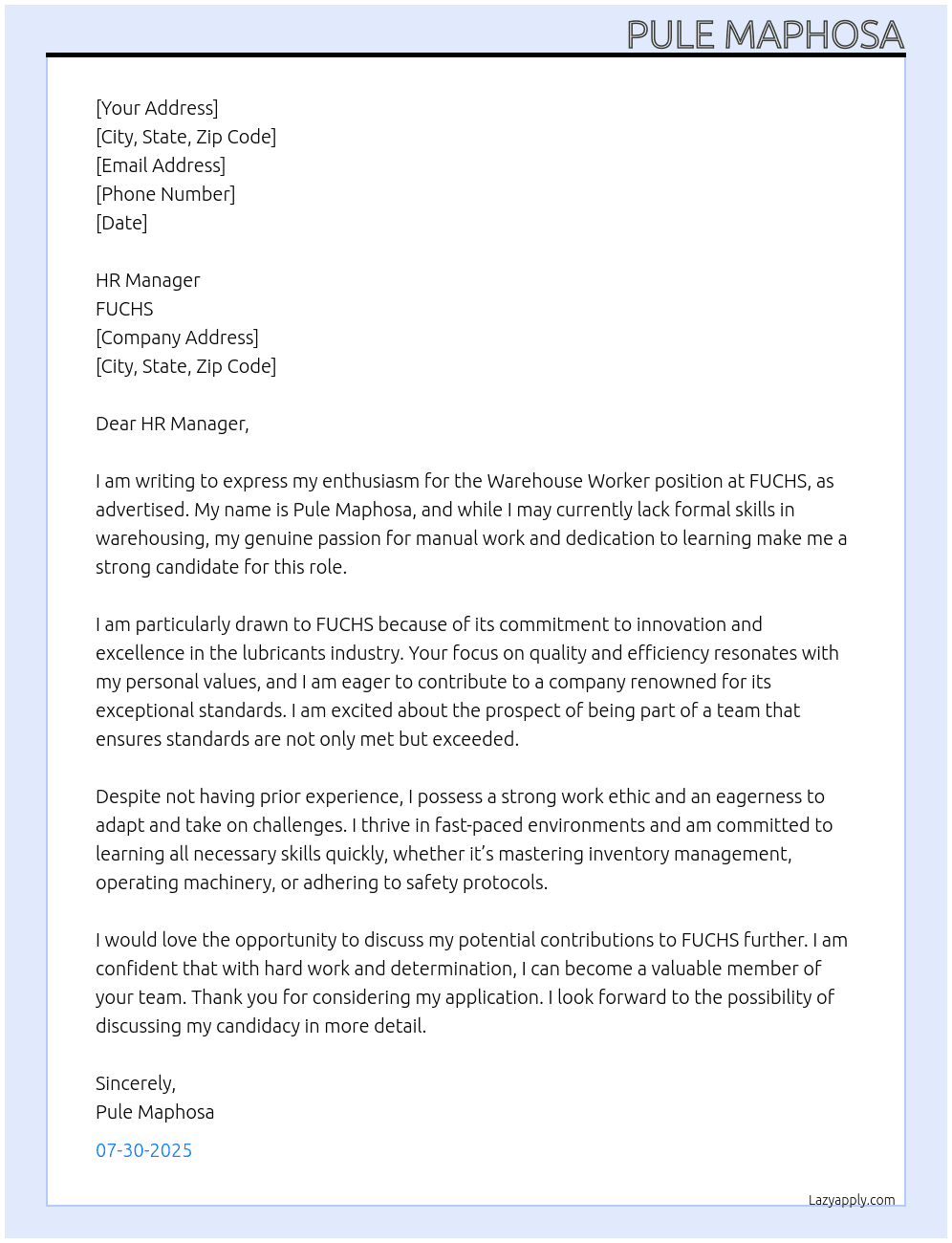 Warehouse worker  At FUCHS Cover Letter