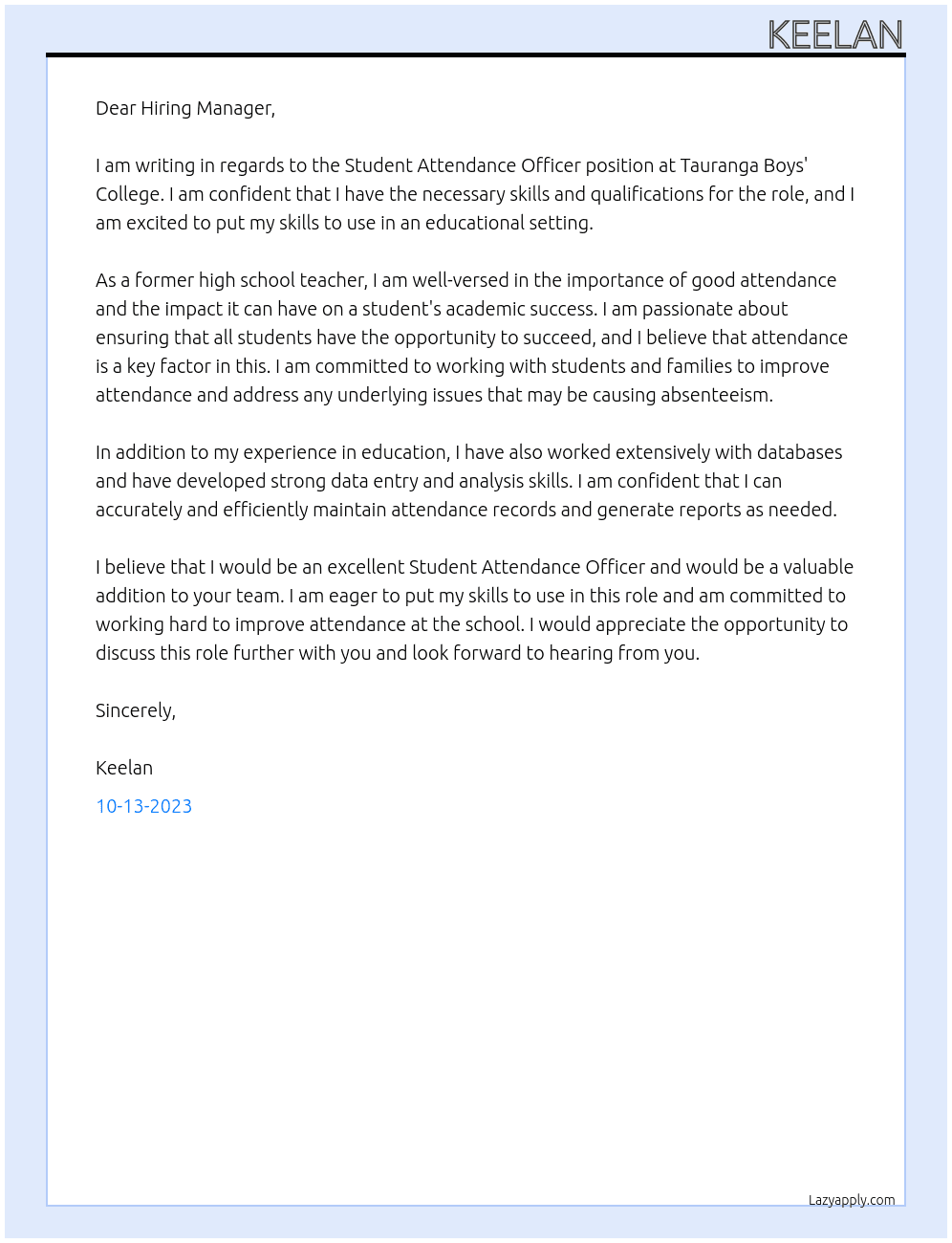 student attendance officer At Tauranga Boys' College Cover Letter