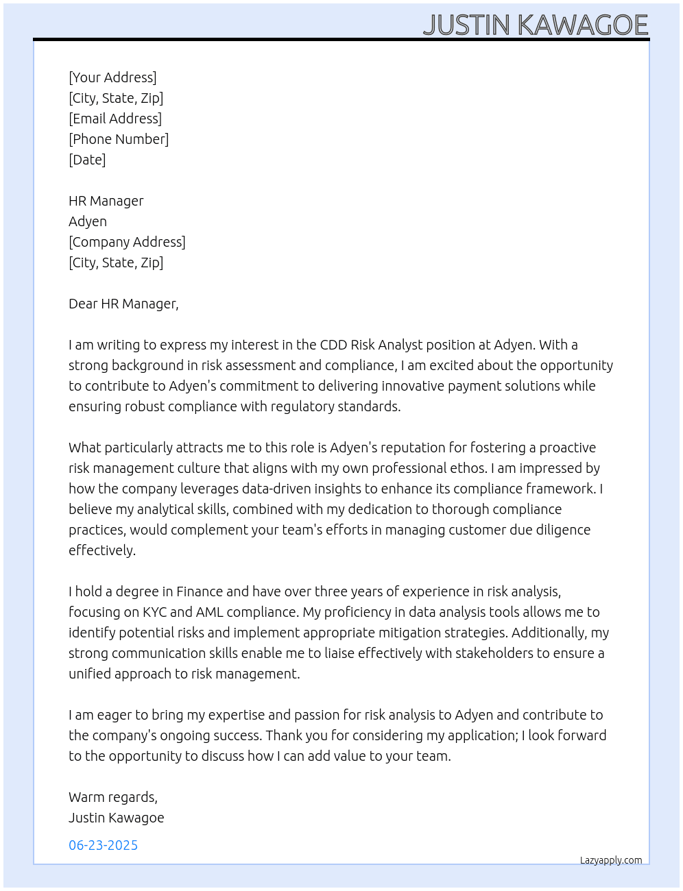 CDD Risk Analyst At Adyen Cover Letter