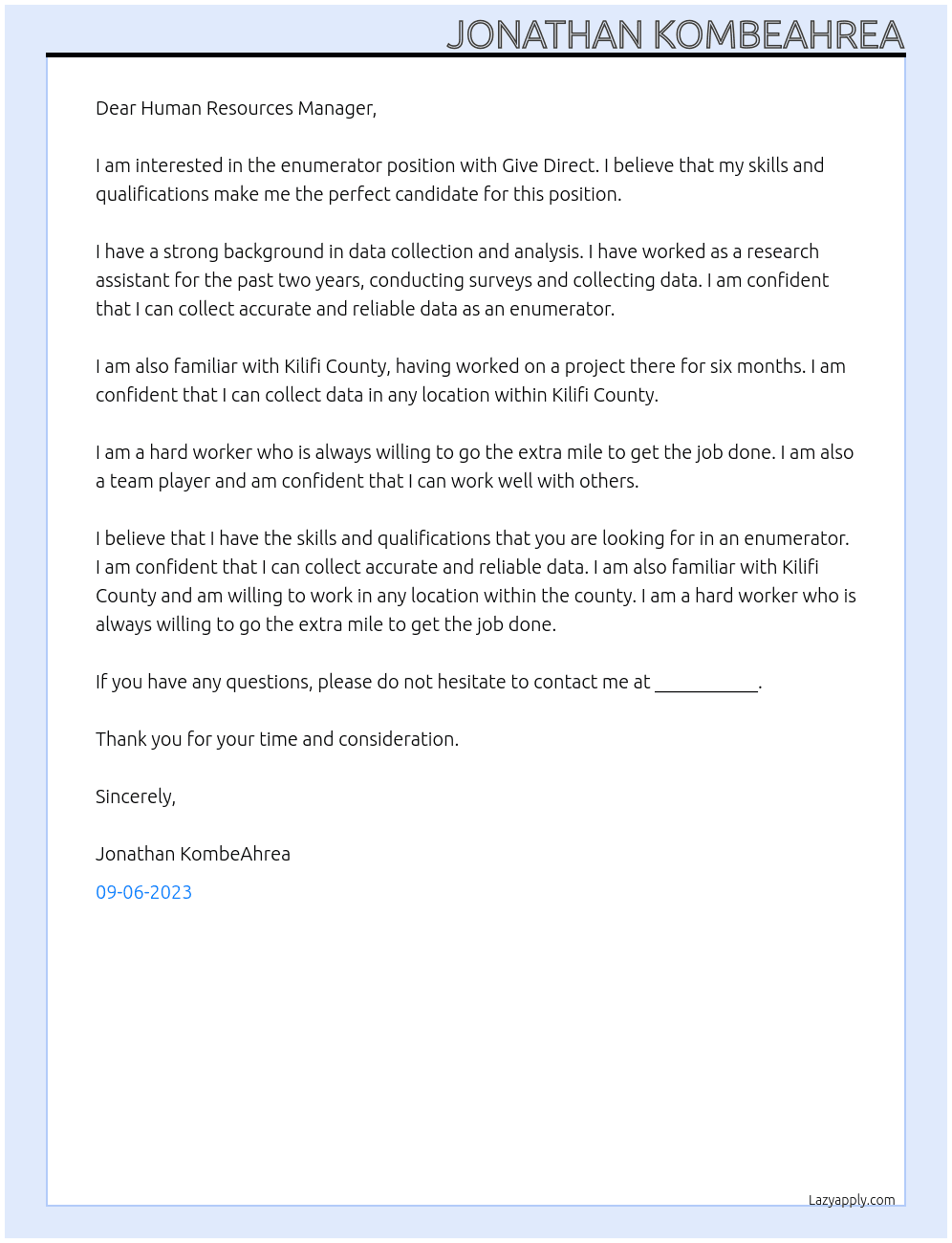 Enumerator At Give Direct Cover Letter