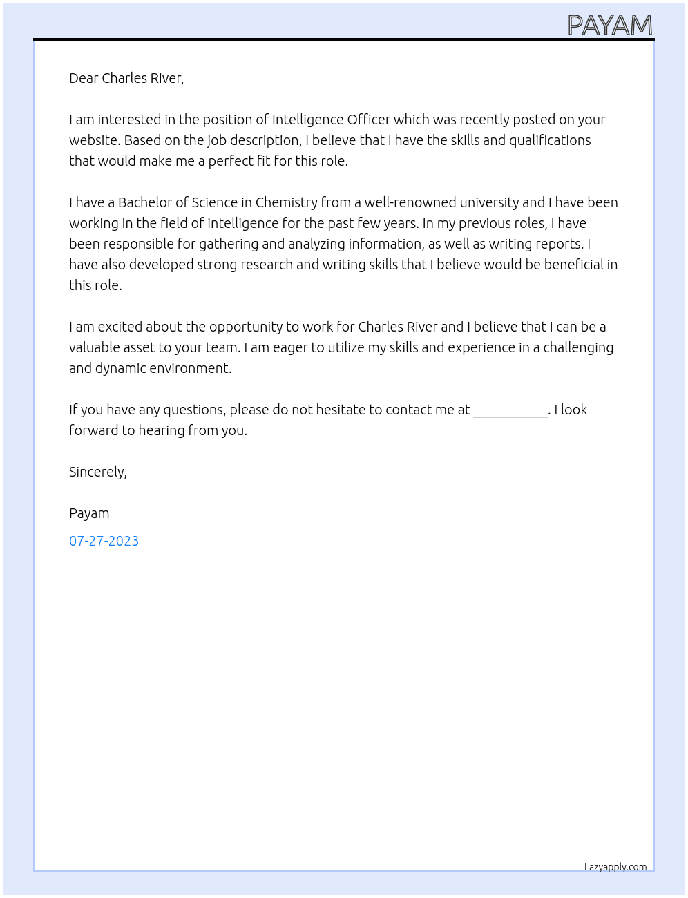 Intelligence Officer At Charles River Cover Letter