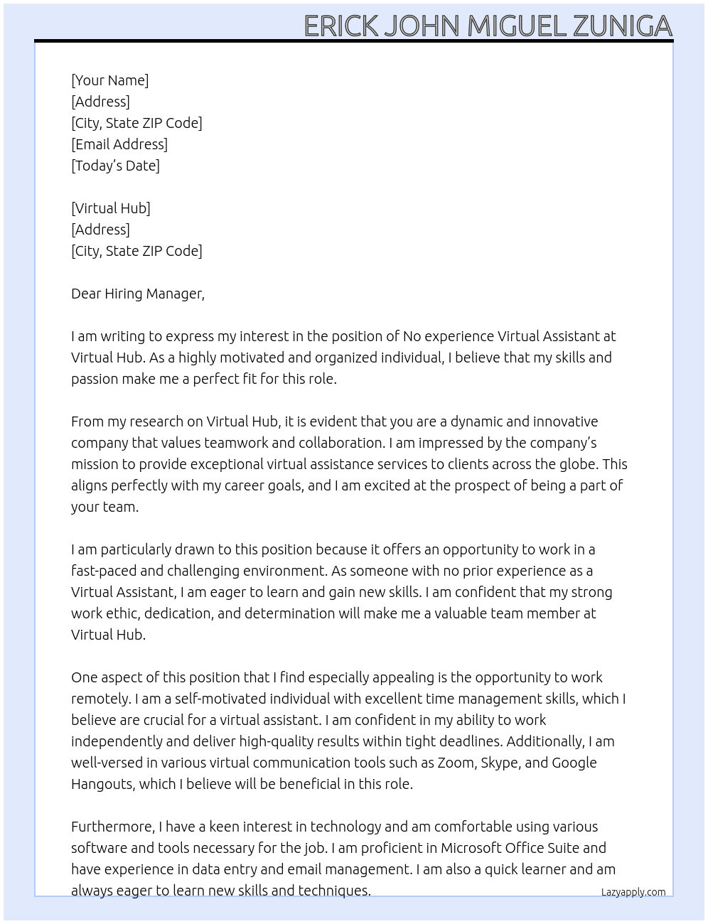 No experience  Virtual Assistant At Virtual Hub Cover Letter