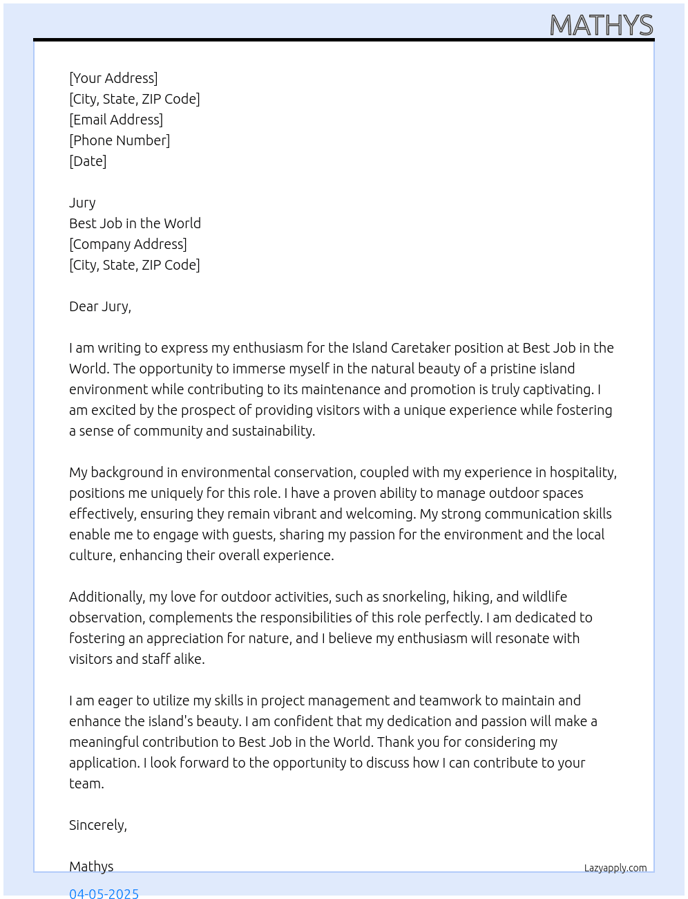 Island Caretaker At Best Job in the World Cover Letter