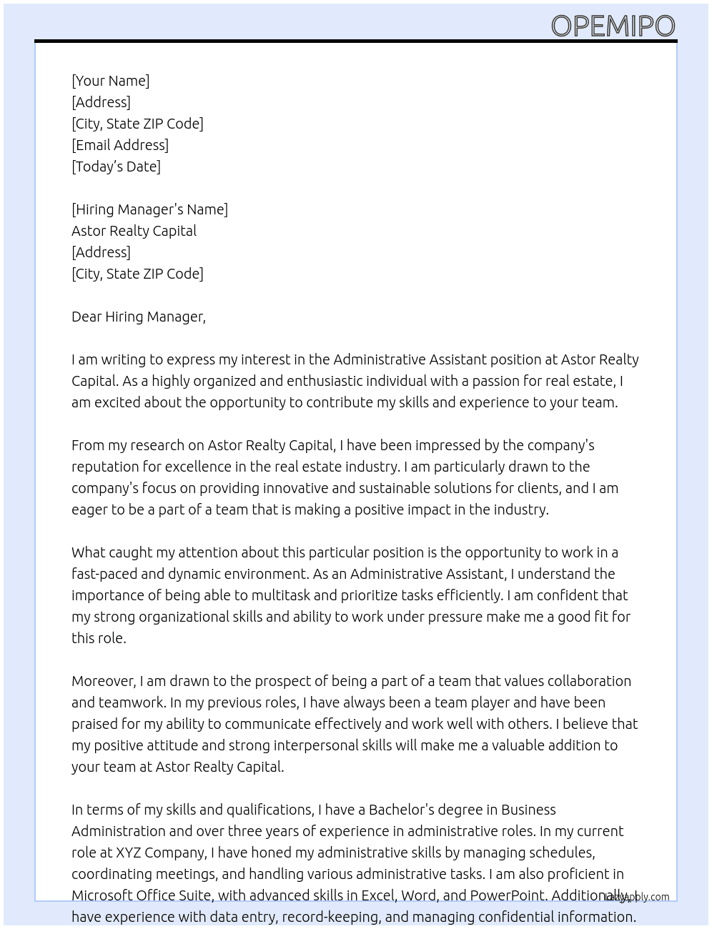 Administrative Assistant  At Astor Realty Capital Cover Letter